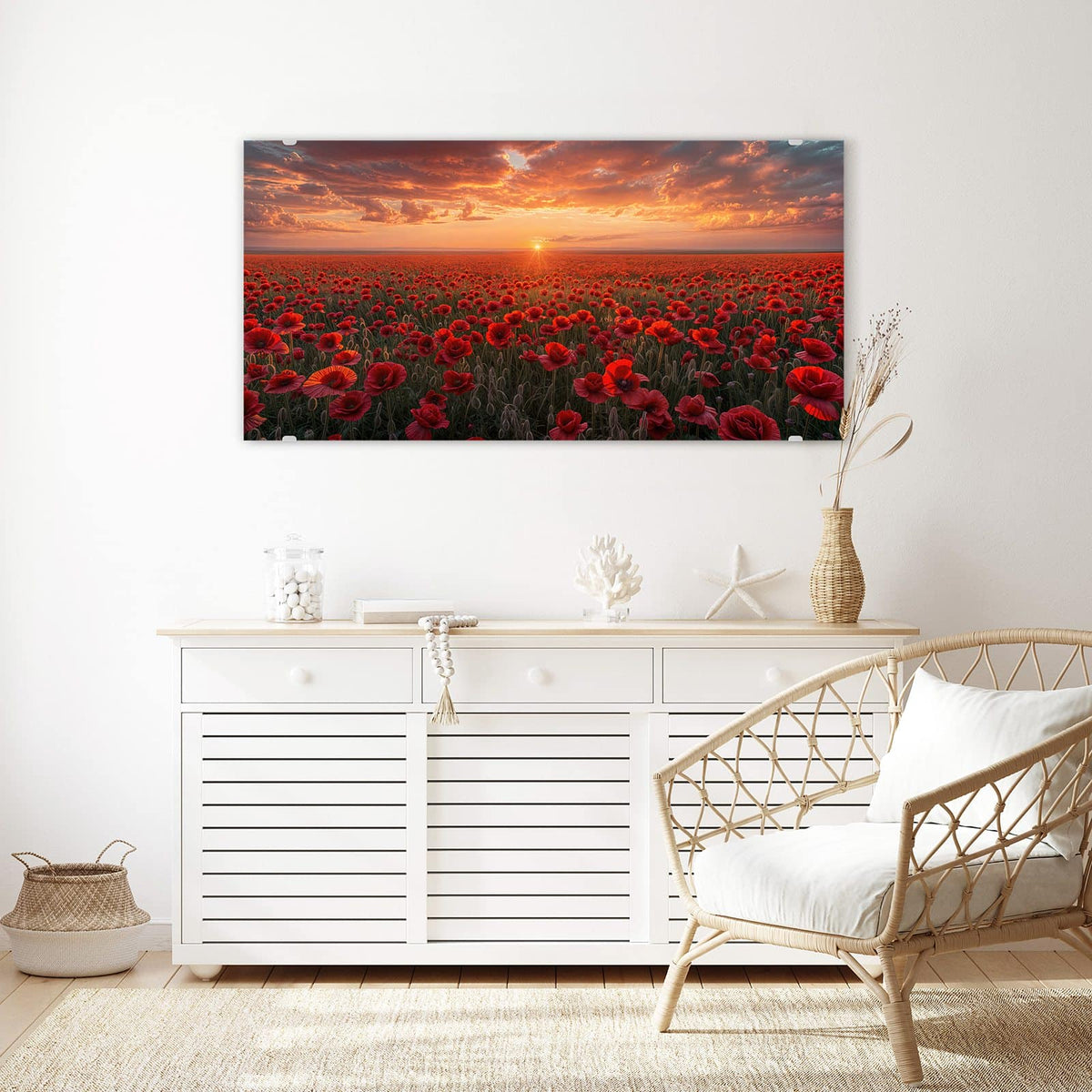 Echtglas, 4 mm – kein Acryl, keine Folie – Wandbild - Mohnfeld im Abendrot - Querformat