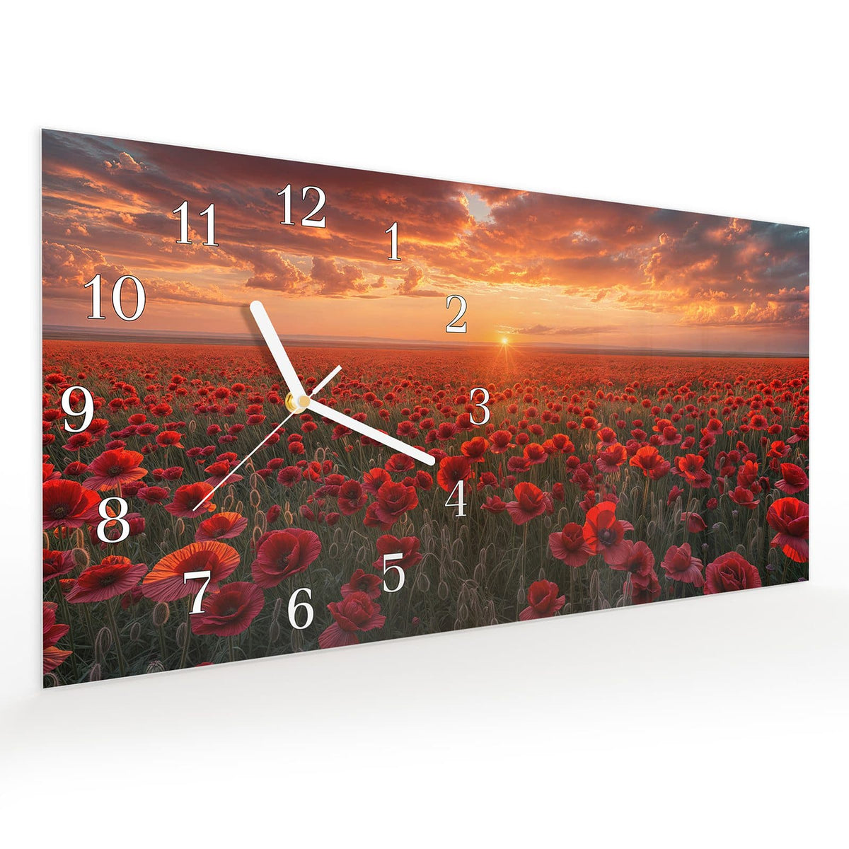 Vormontiert – mit Schwebeeffekt – Wanduhr Mohnfeld Sonnenuntergang aus Glas – Querformat 60 × 30 cm