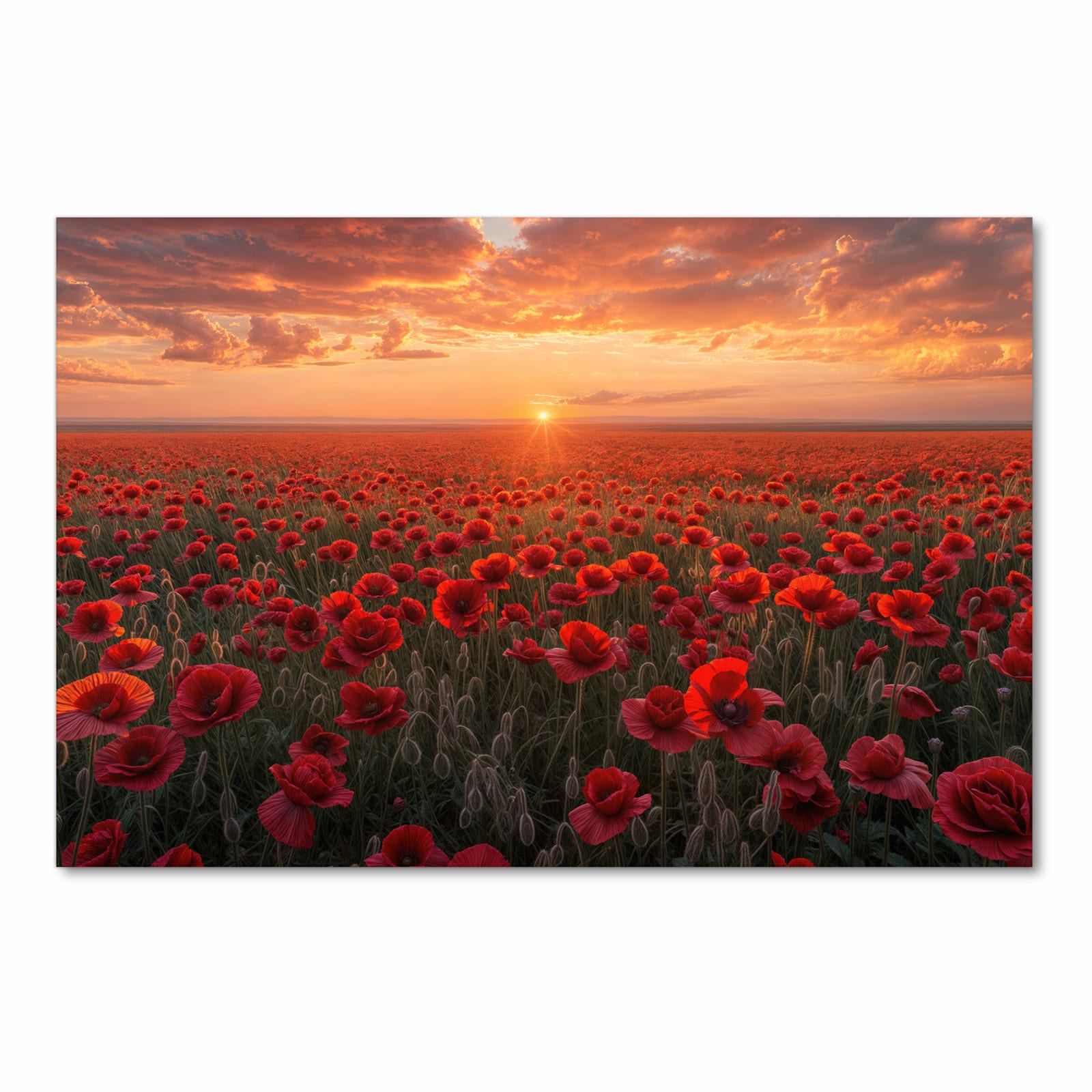 Langlebiger Küchenläufer mit Motiv Mohnfeld Sonnenuntergang in Frontansicht, abwaschbar