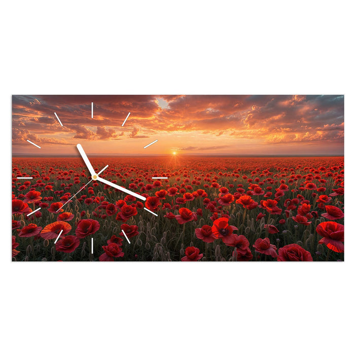 Wanduhr Mohnfeld Sonnenuntergang aus Glas – Querformat 60 × 30 cm mit Ziffernblatt Linie