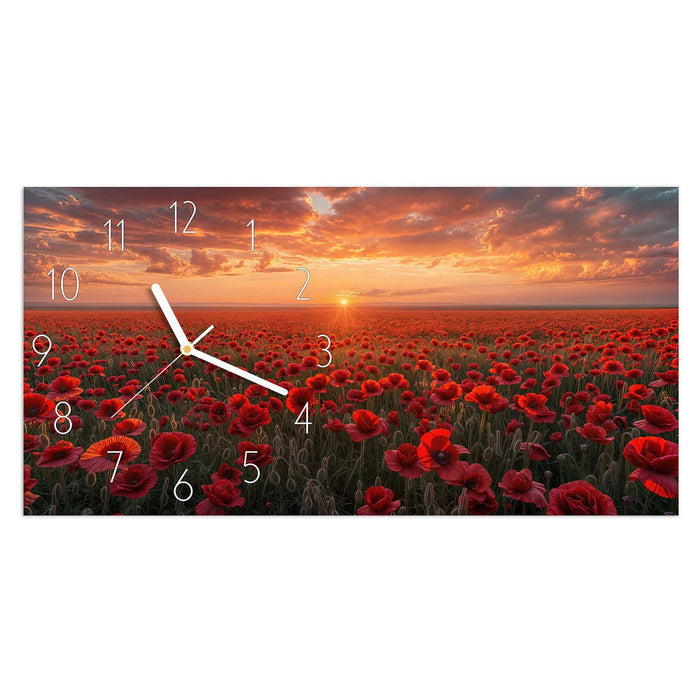 Wanduhr Mohnfeld Sonnenuntergang aus Glas – Querformat 60 × 30 cm mit Ziffernblatt Elegant