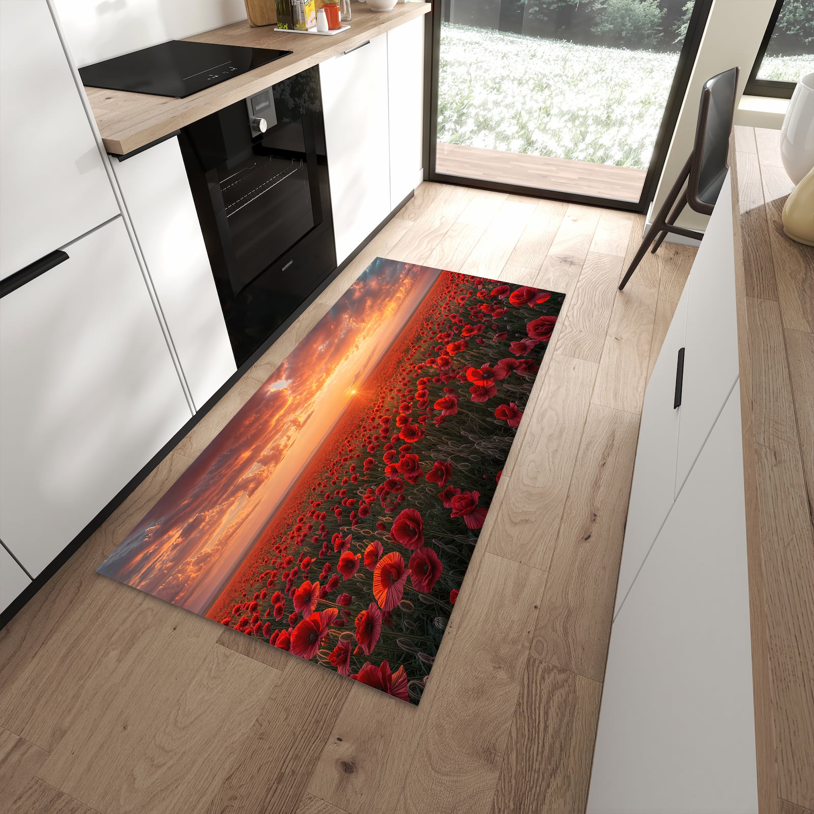 Farbbeständiger Teppichläufer mit Motiv Mohnfeld Sonnenuntergang in moderner Küche