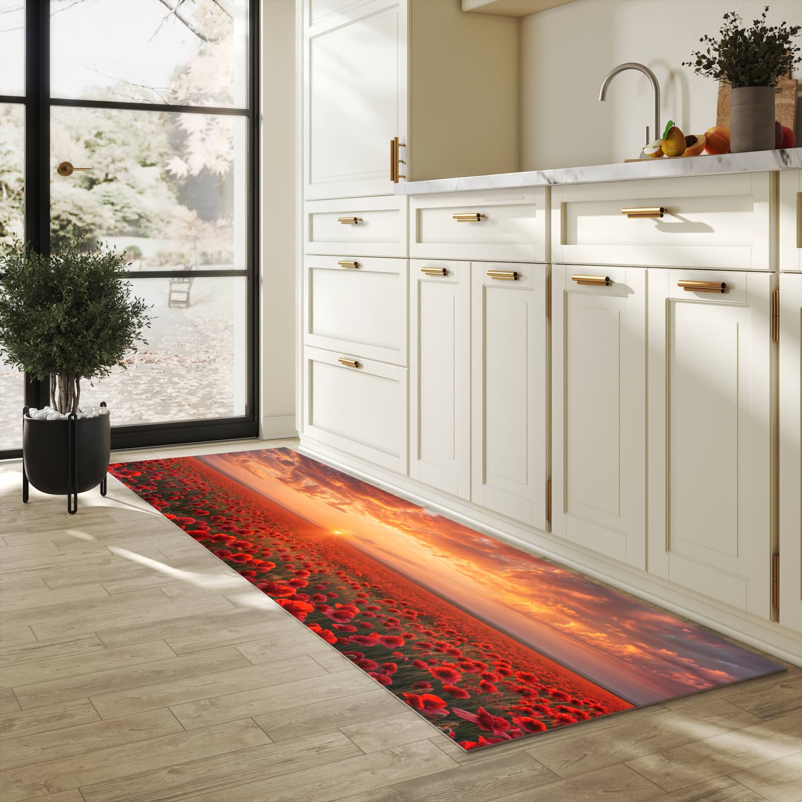 Komfortabler rutschfester Küchenläufer mit Motiv Mohnfeld Sonnenuntergang in heller Küche