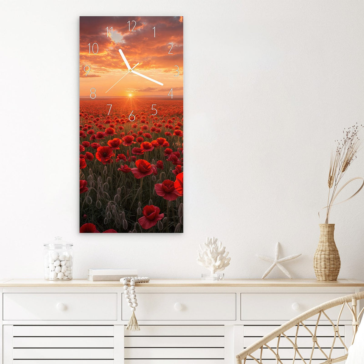 Wanduhr Mohnfeld Sonnenuntergang aus Glas – Rotes Mohnfeld im Abendlicht