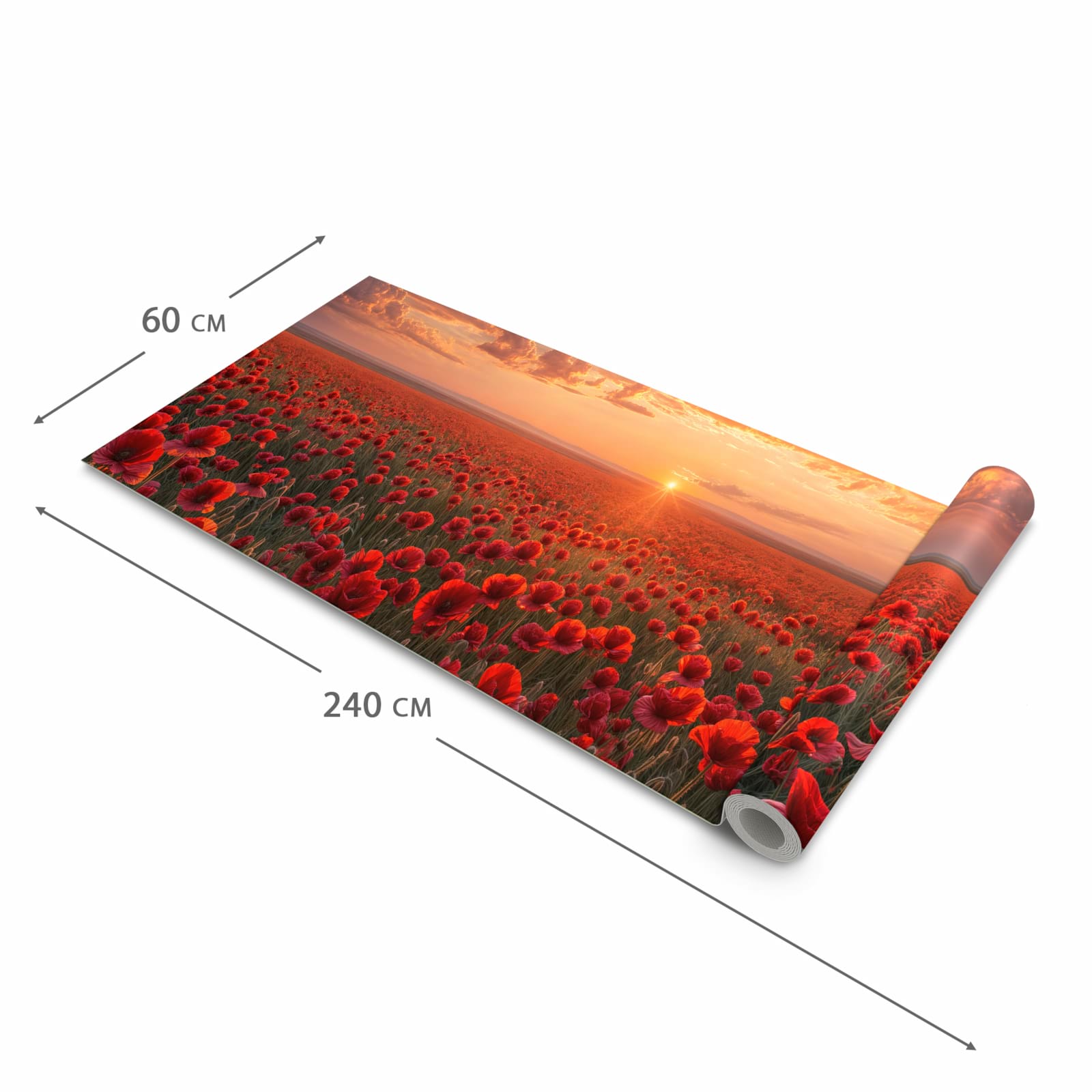 Waschbarer Teppich fürs Esszimmer mit Motiv Mohnfeld Sonnenuntergang in der Größe 80x300 cm