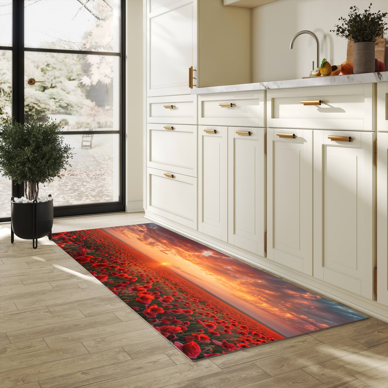 Waschbarer Küchenläufer mit Motiv Mohnfeld Sonnenuntergang in heller Küche für angenehme Haptik