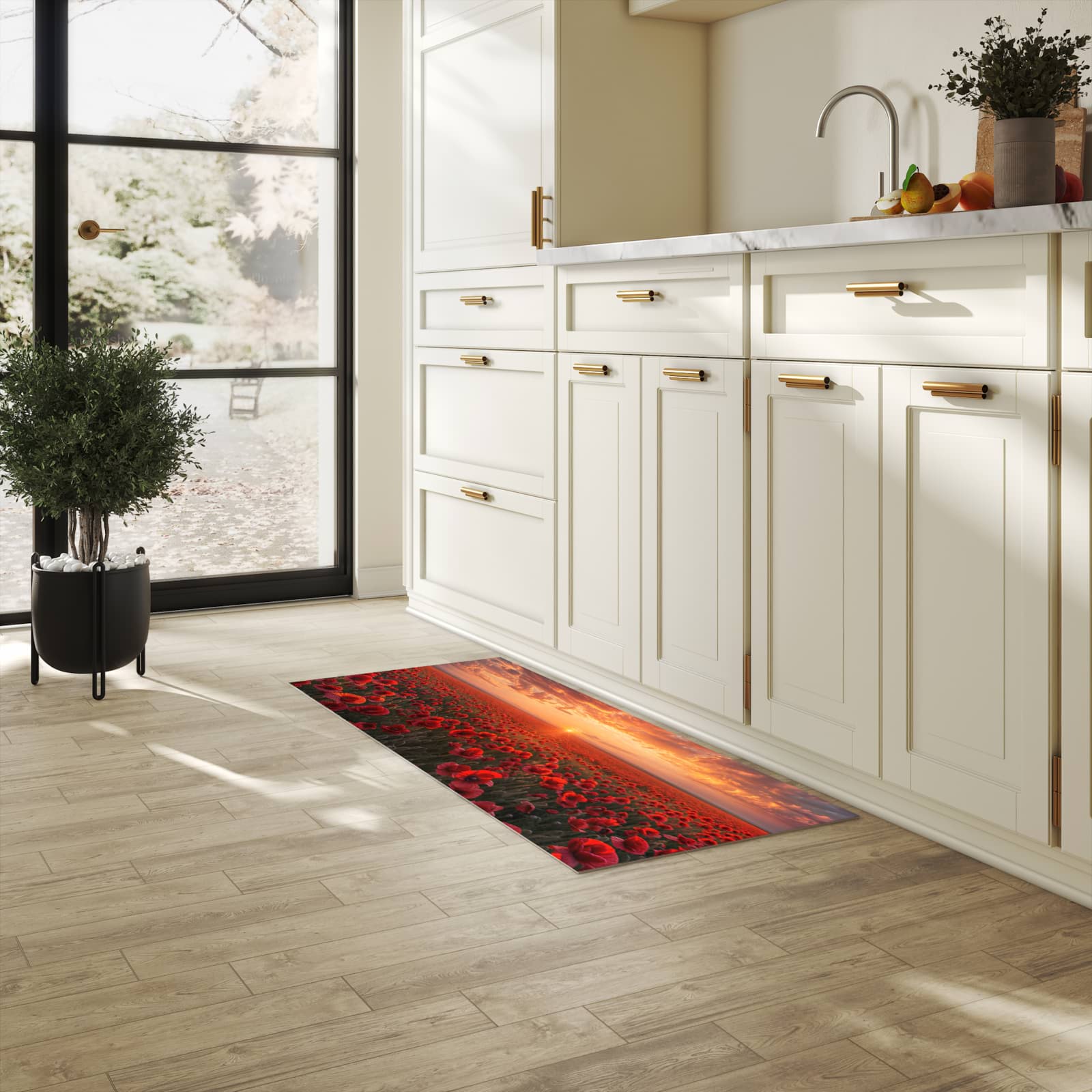 Waschbarer Küchenteppich mit Motiv Mohnfeld Sonnenuntergang für Trittkomfort in heller Küche