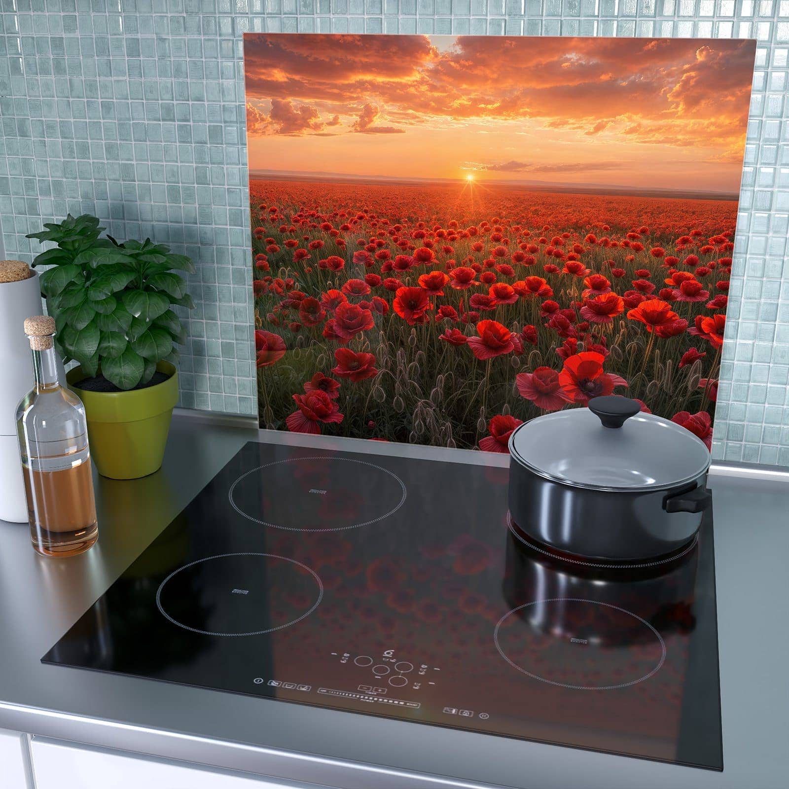 1-teilige Herdabdeckplatte mit Mohnfeld Sonnenuntergang-Motiv als Spritzschutz hinter dem Kochfeld