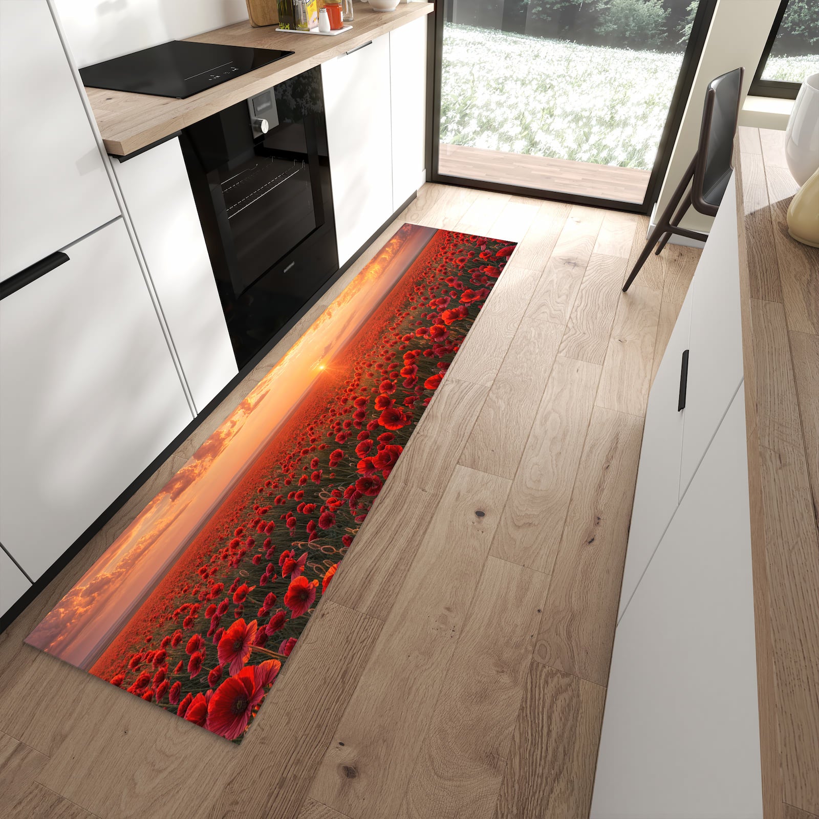 Strapazierfähiger Läufer für die Küche mit Motiv Mohnfeld Sonnenuntergang in moderner Küche