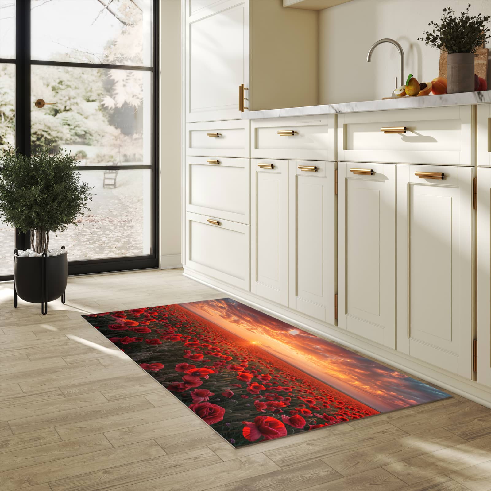 Pflegeleichter Küchenläufer nach Maß mit Motiv Mohnfeld Sonnenuntergang in heller Küche