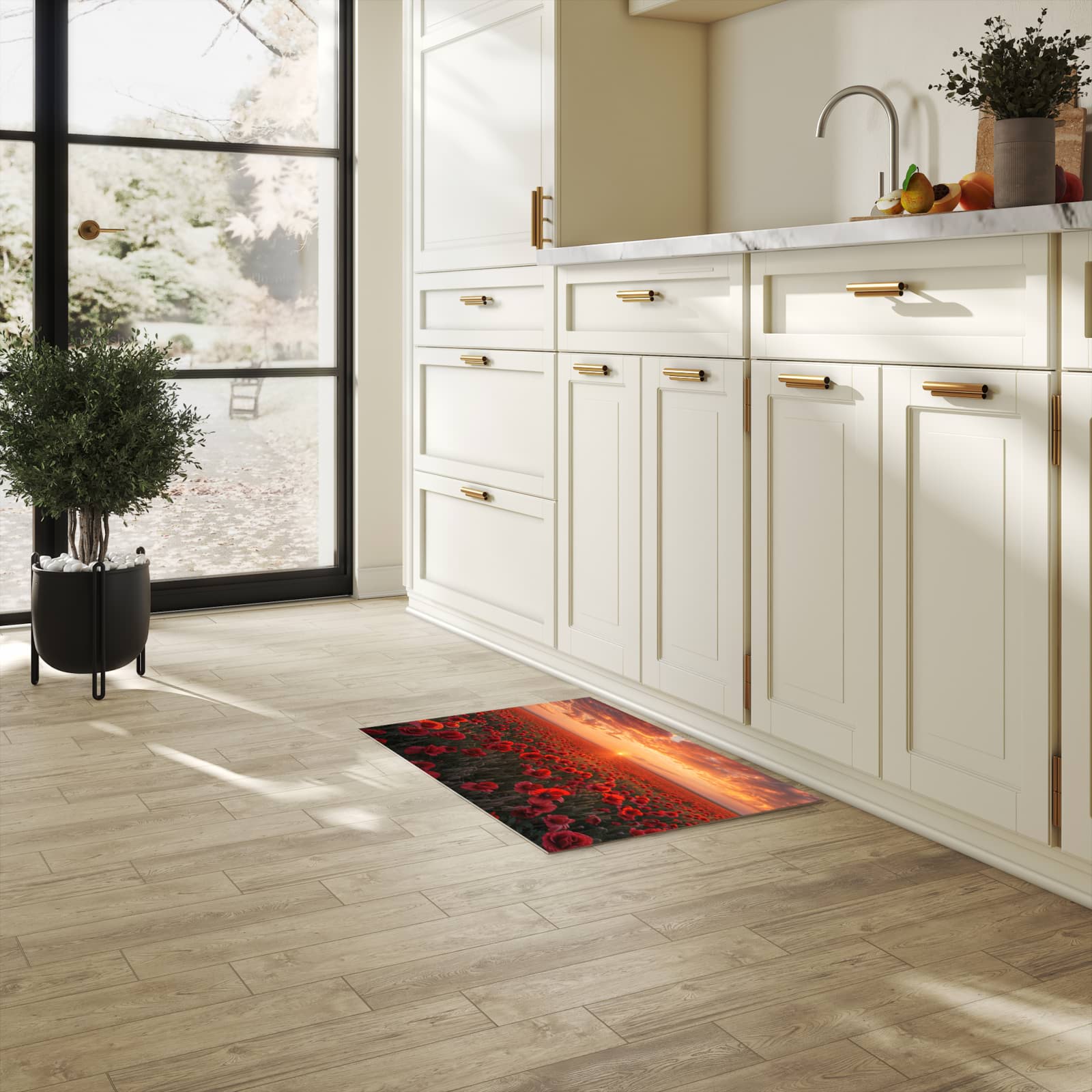 Langlebiger rutschfester Küchenläufer mit Motiv Mohnfeld Sonnenuntergang in heller Küche