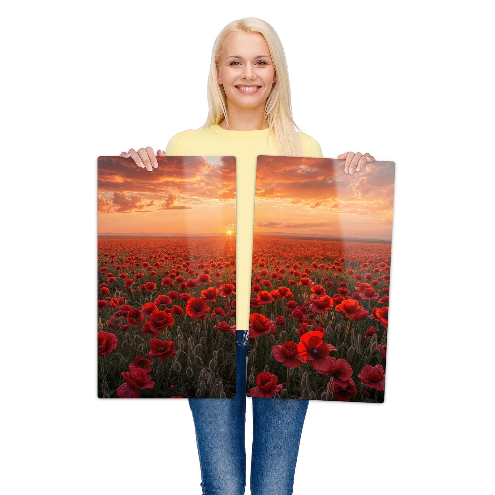 2-teilige Herdabdeckplatte mit Mohnfeld Sonnenuntergang-Motiv wird zur Größendarstellung gehalten