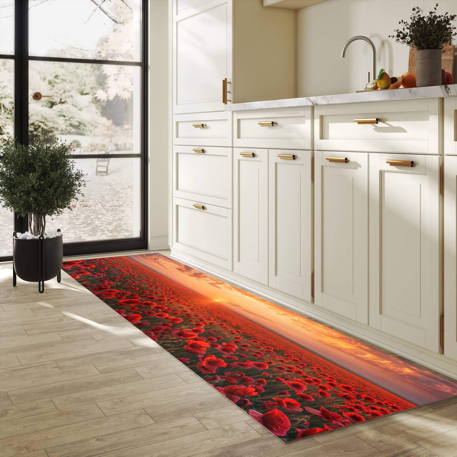 Rutschfester Küchenläufer mit Motiv Mohnfeld Sonnenuntergang in heller Küche