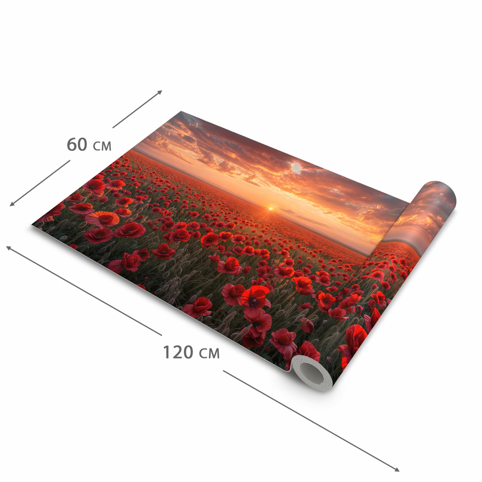 Pflegeleichter dünner Küchenteppich mit Motiv Mohnfeld Sonnenuntergang in der Grösse 80x300 cm