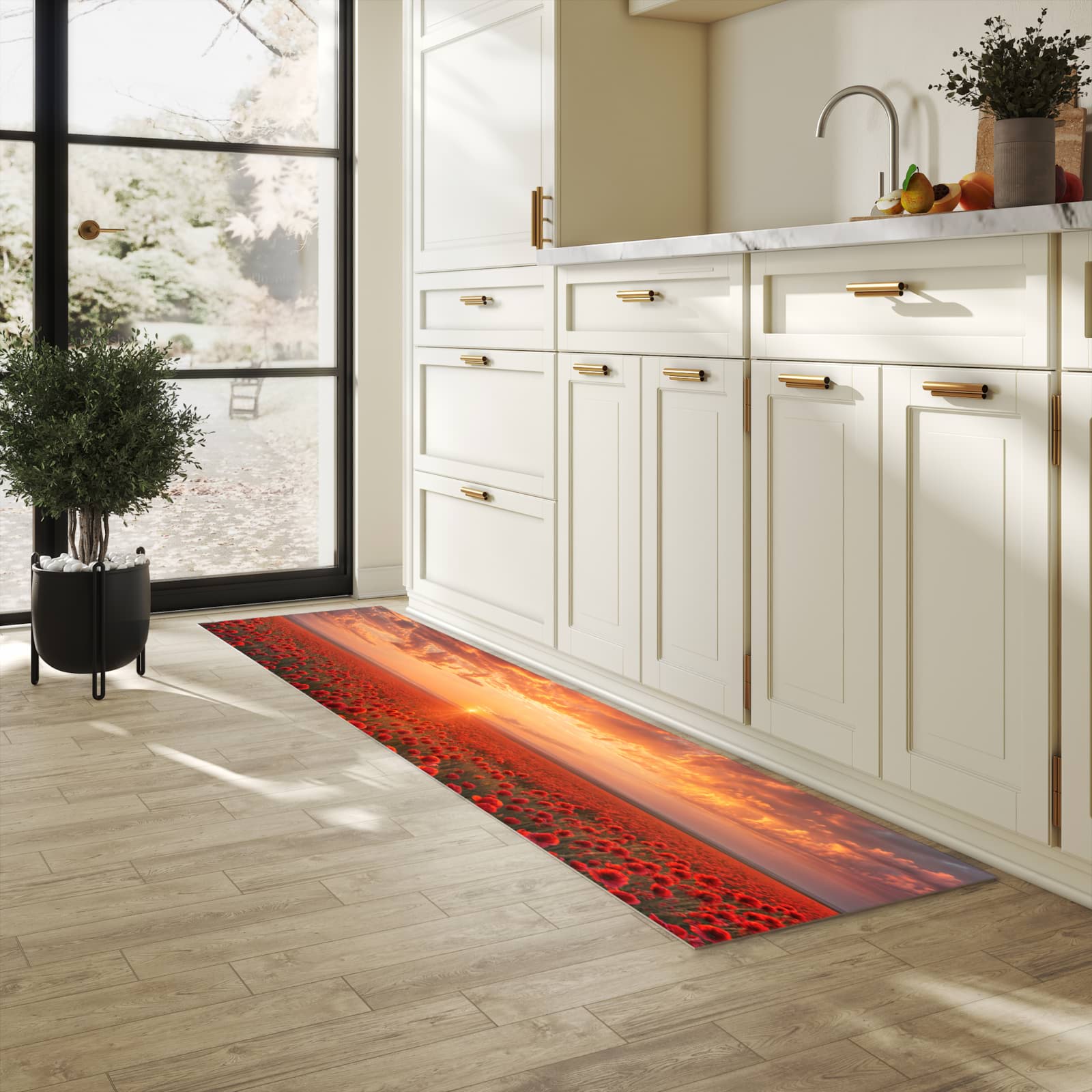 Schmutzabweisender Küchenläufer mit Motiv Mohnfeld Sonnenuntergang in heller Küche
