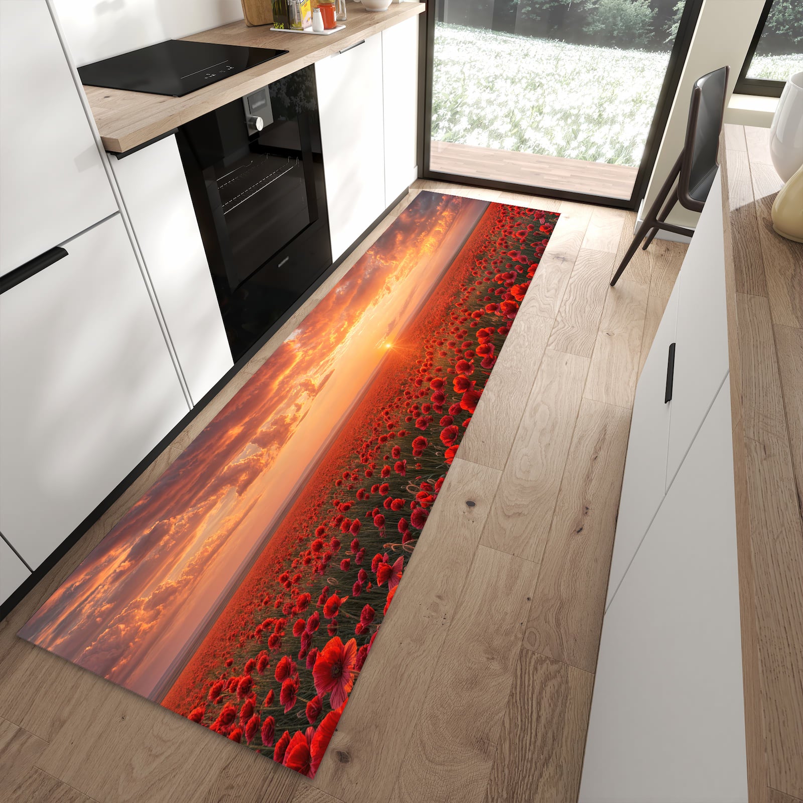 Ordnungsschaffender Küchenläufer mit Motiv Mohnfeld Sonnenuntergang in moderner Küche