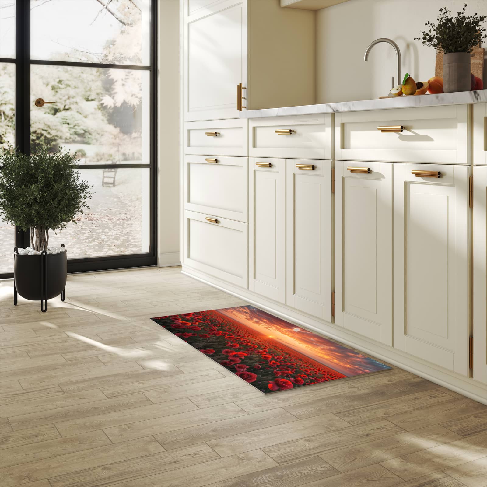 UV-beständiger Küchenteppich mit Motiv Mohnfeld Sonnenuntergang in heller Küche