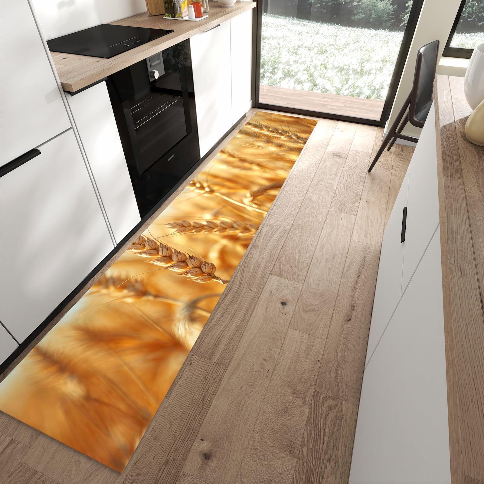Fleckenresistenter moderner Küchenläufer mit Motiv Sanfte Weizenfeld in moderner Küche