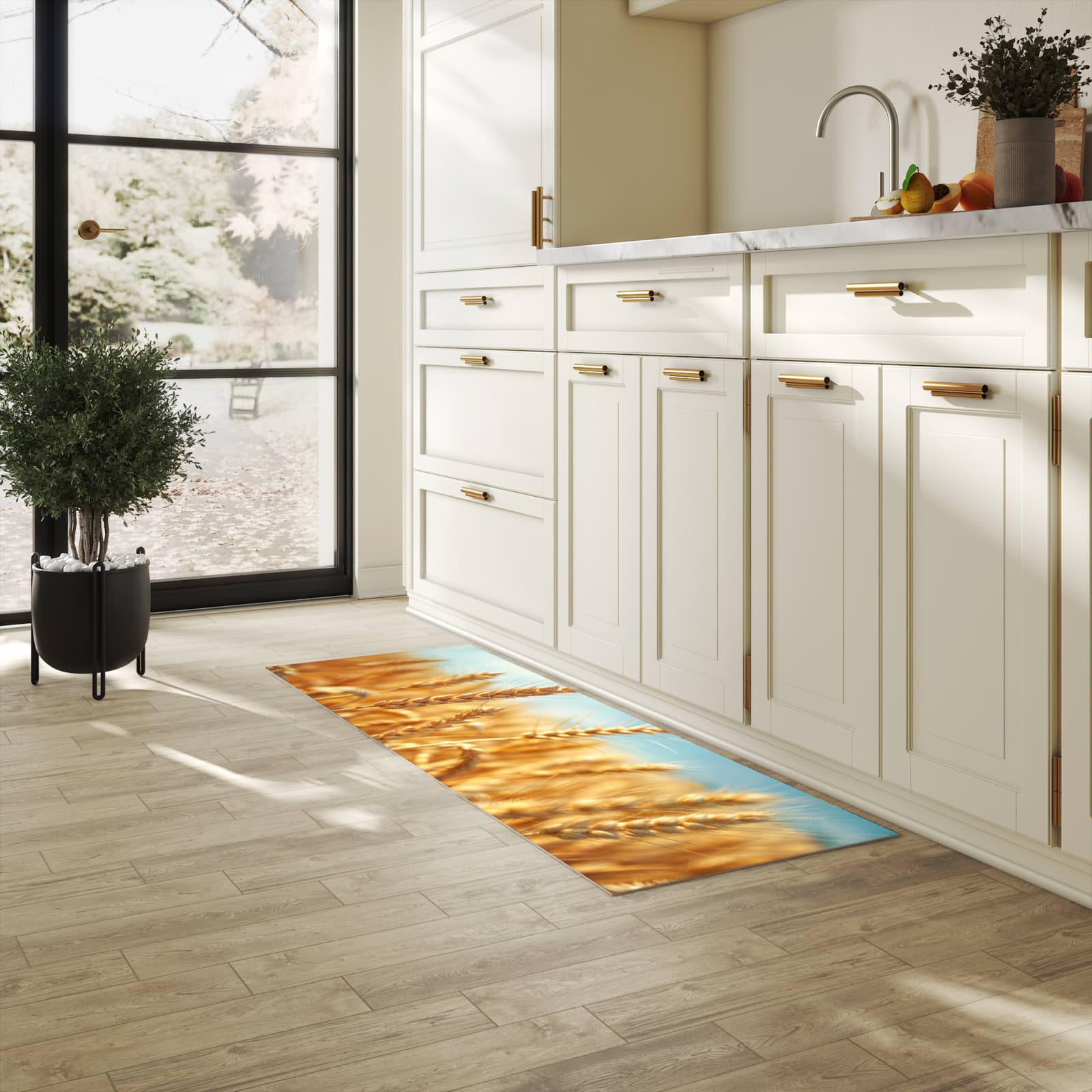 Rutschfester Küchenteppich mit Motiv Sanfte Weizenfeld in heller Küche