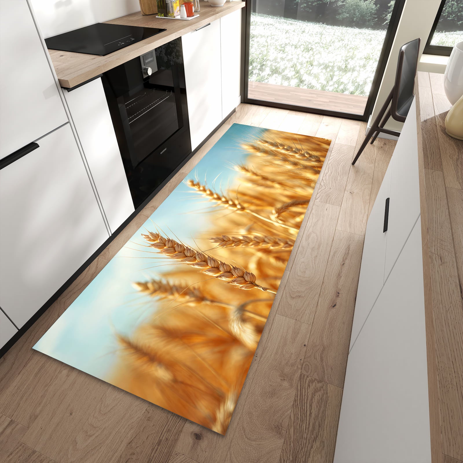 Rutschfester Küchenteppich mit Motiv Sanfte Weizenfeld in moderner Küche