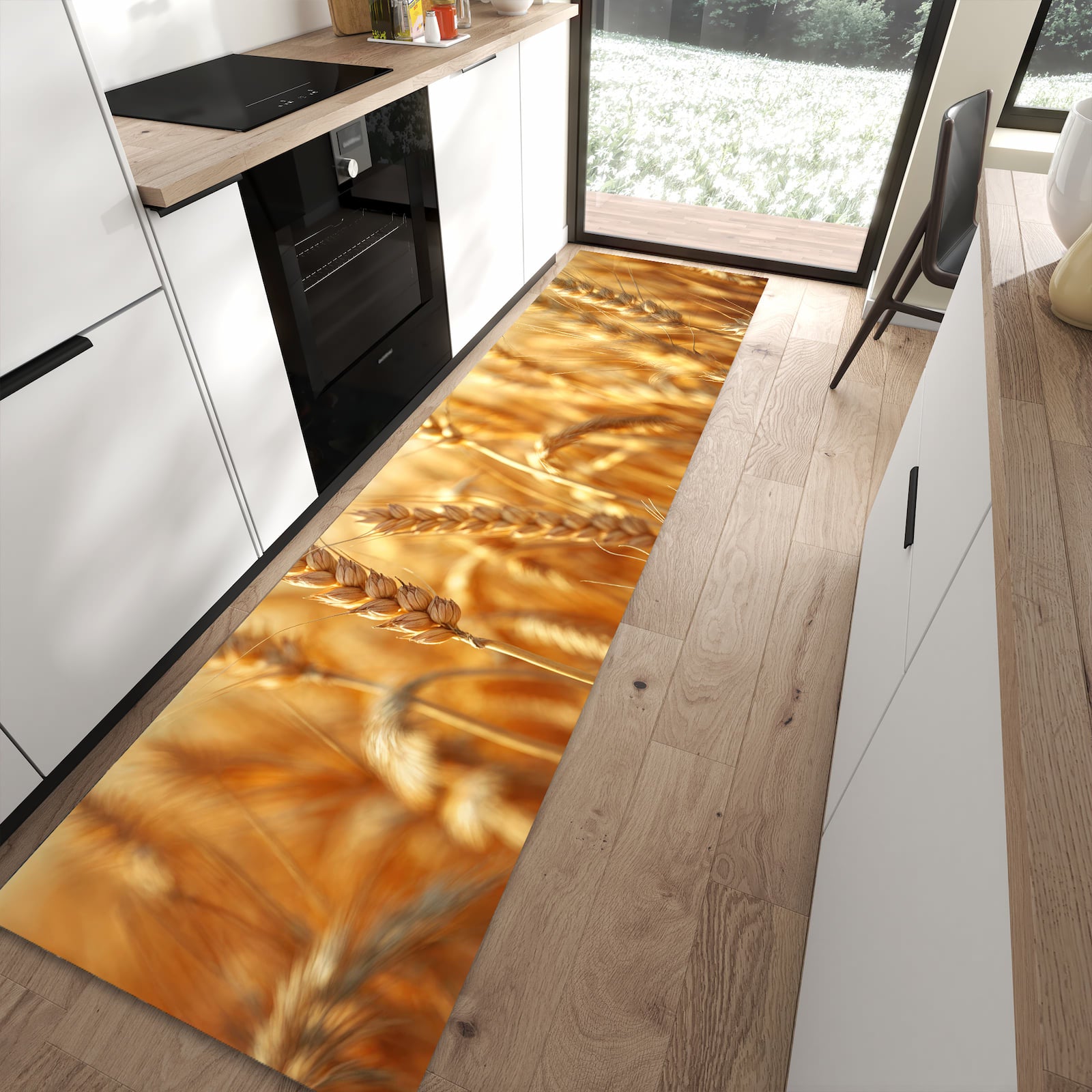 Pflegeleichter Teppich für Küche mit Motiv Sanfte Weizenfeld in moderner Küche