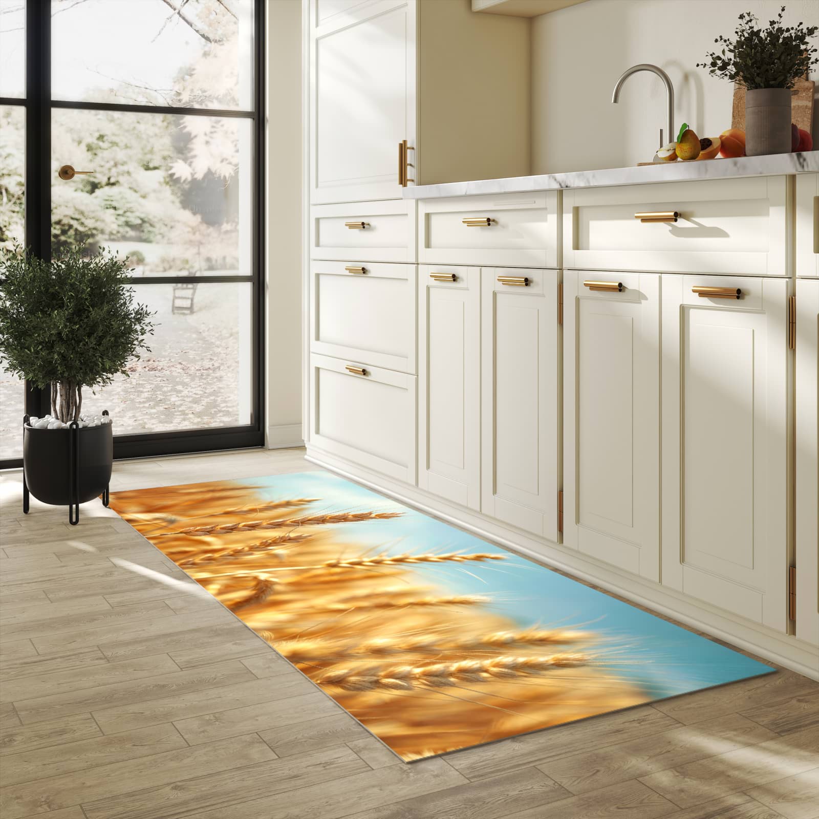 Abriebfester großer Küchenteppich mit Motiv Sanfte Weizenfeld in heller Küche