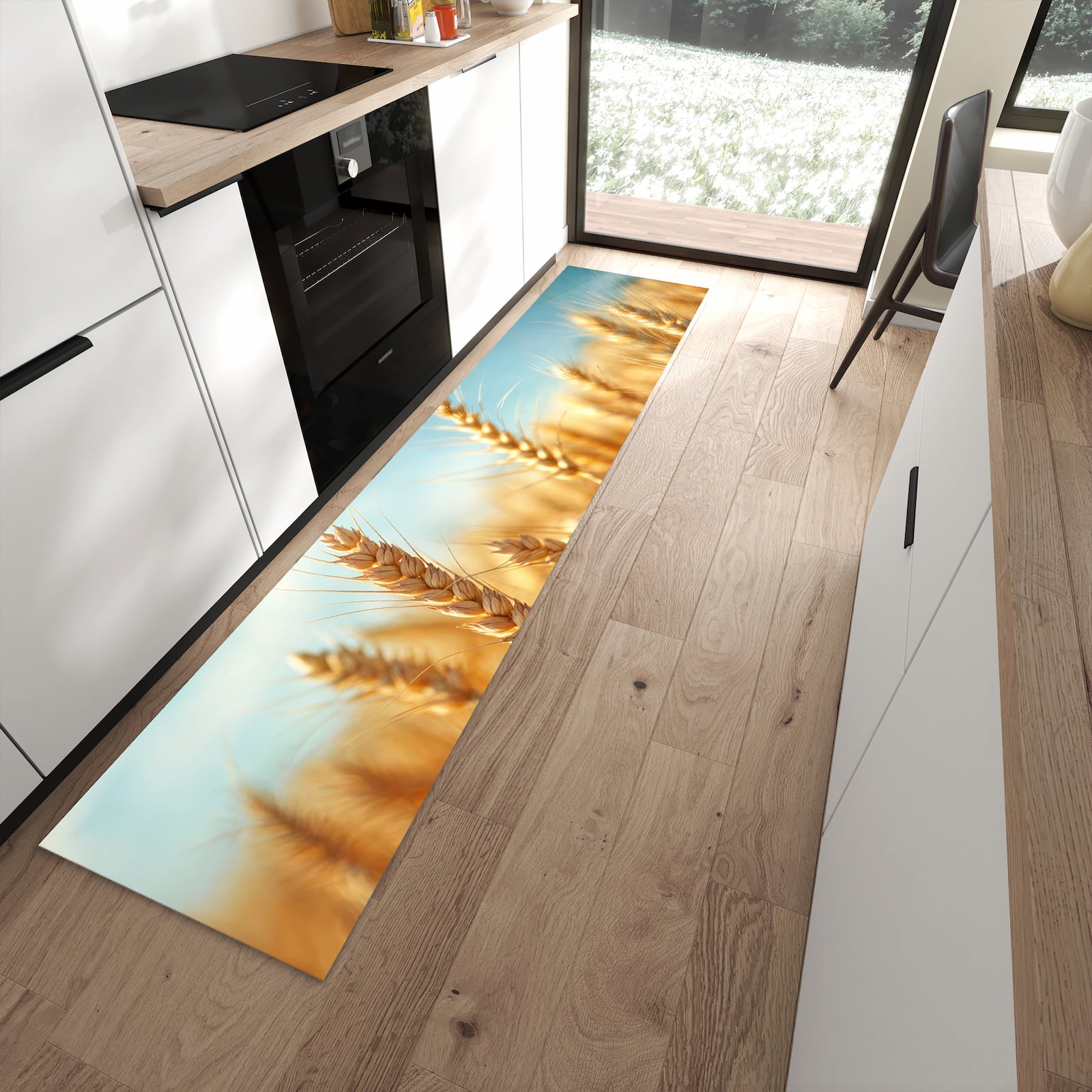 Wasserabweisender Küchenläufer mit Motiv Sanfte Weizenfeld in moderner Küche