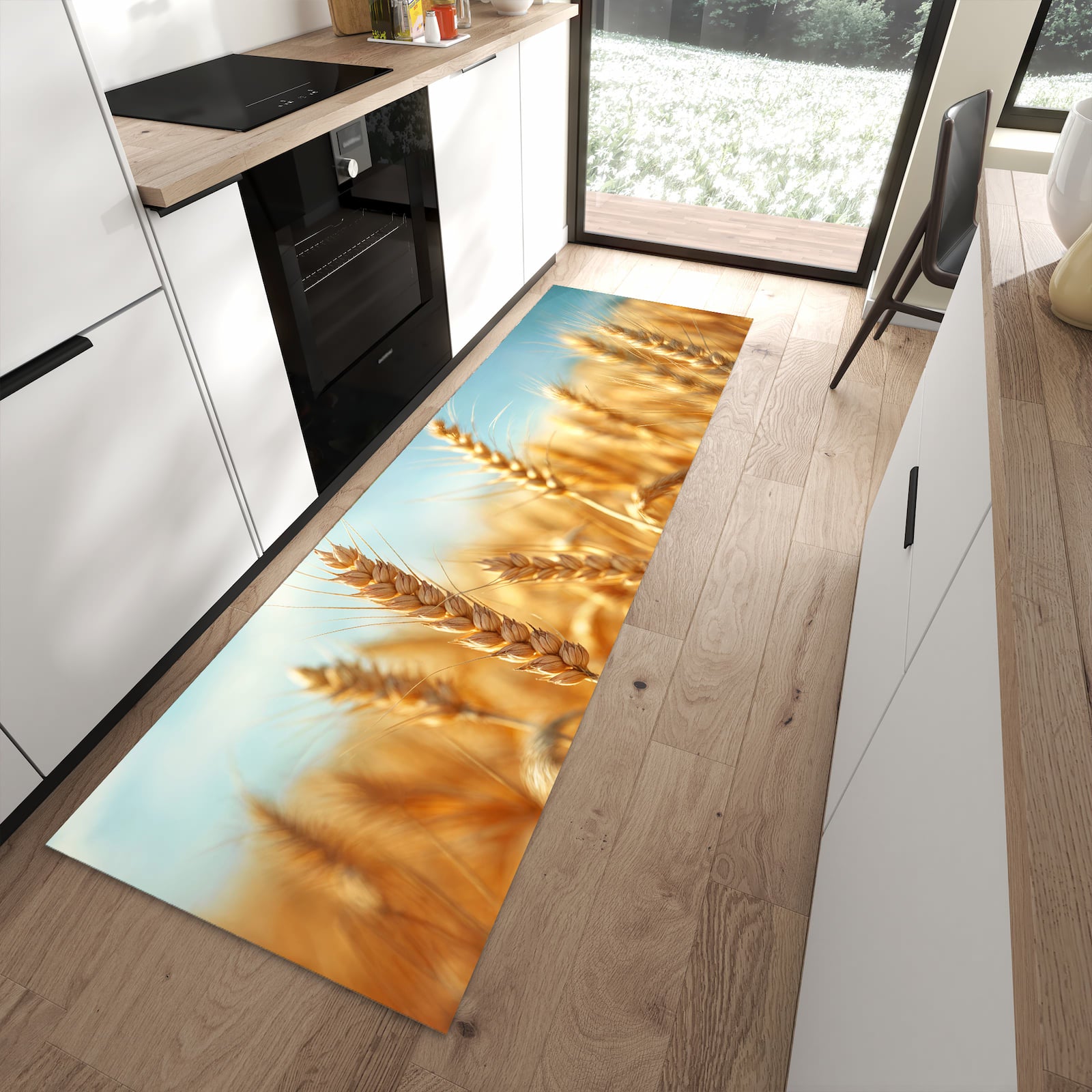 Langlebiger Küchenläufer mit Motiv Sanfte Weizenfeld in moderner Küche
