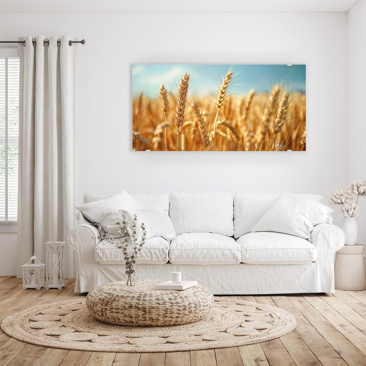 Wandbild - Weizen im Sonnenlicht - Querformat – Goldene Ähren unter blauem Himmel