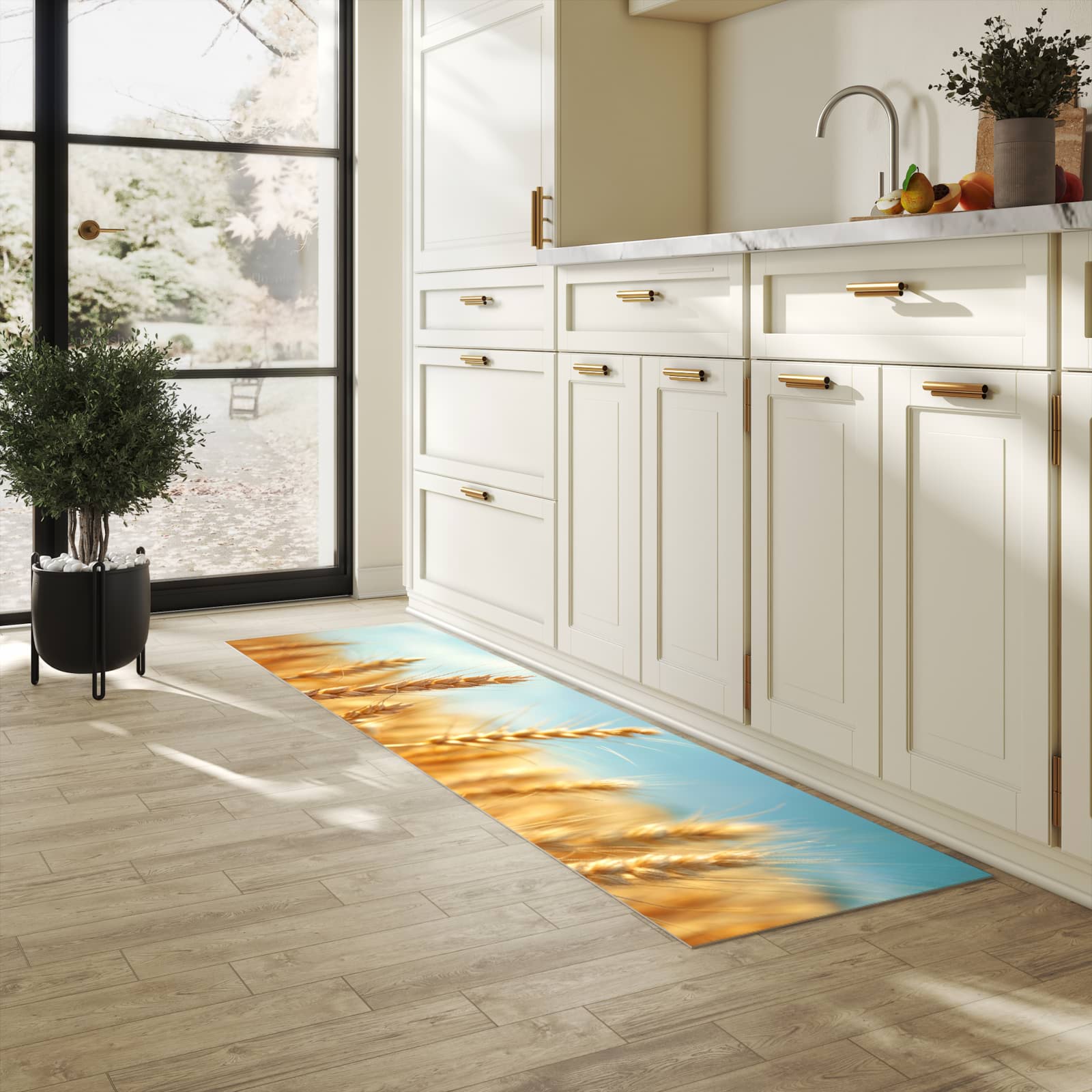 Feuchtigkeitsresistenter Bodenläufer mit Motiv Sanfte Weizenfeld in heller Küche