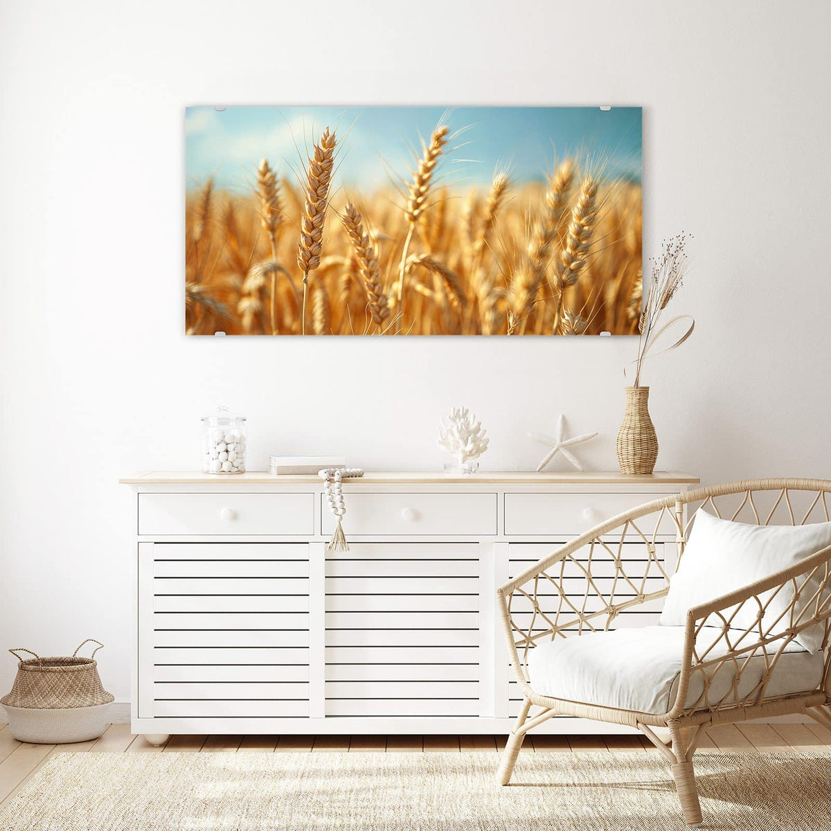 Echtglas, 4 mm – kein Acryl, keine Folie – Wandbild - Weizen im Sonnenlicht - Querformat