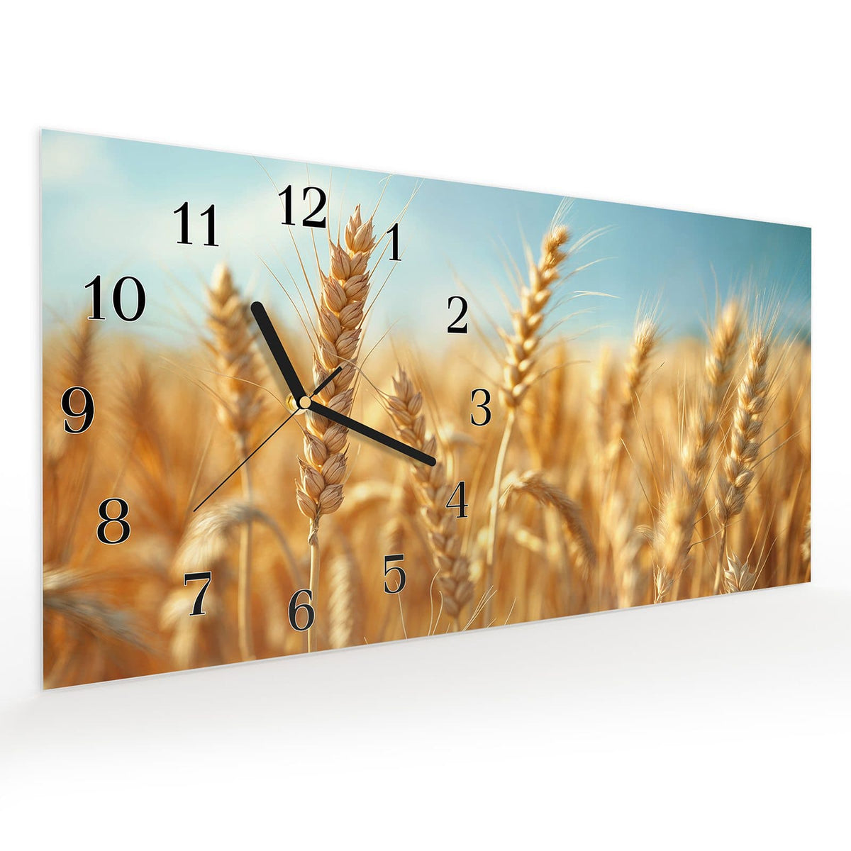 Vormontiert – mit Schwebeeffekt – Wanduhr Sanfte Weizenfeld aus Glas – Querformat 60 × 30 cm