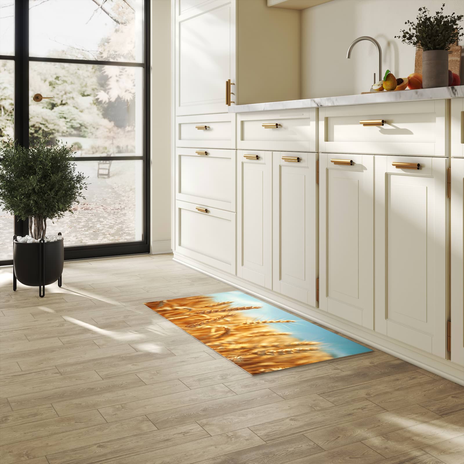 Waschbarer Teppich fürs Esszimmer mit Motiv Sanfte Weizenfeld in heller Küche