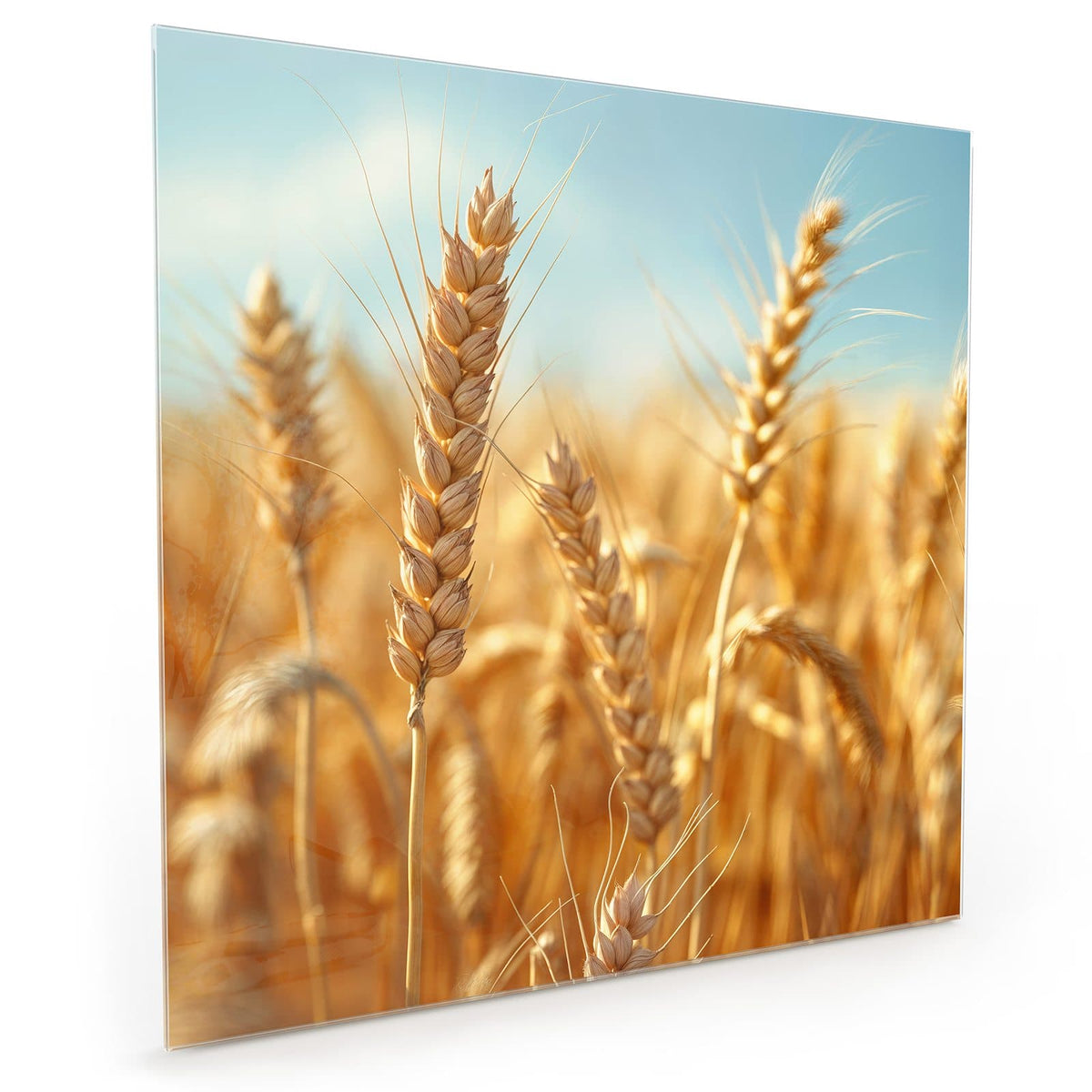 Küchenrückwand aus Glas im quadratischen Format mit Motiv Weizen im Sonnenlicht: Goldene Weizenähren in Nahaufnahme vor hellblauem, fast wolkenlosem Himmel #grösse_50 x 50 cm #grösse_60 x 60 cm #grösse_40 x 40 cm