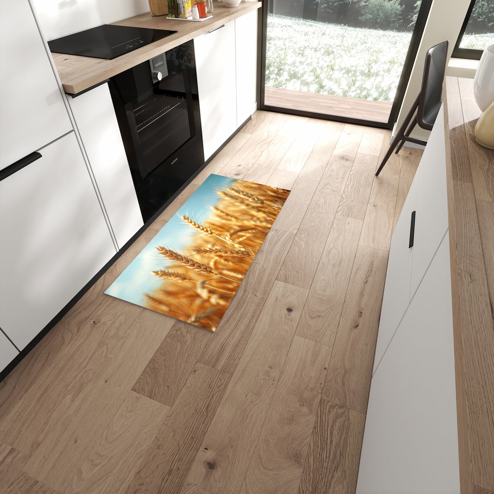 Geräuschdämpfender waschbarer Küchenläufer mit Motiv Sanfte Weizenfeld in moderner Küche #grösse_60 x 120 cm