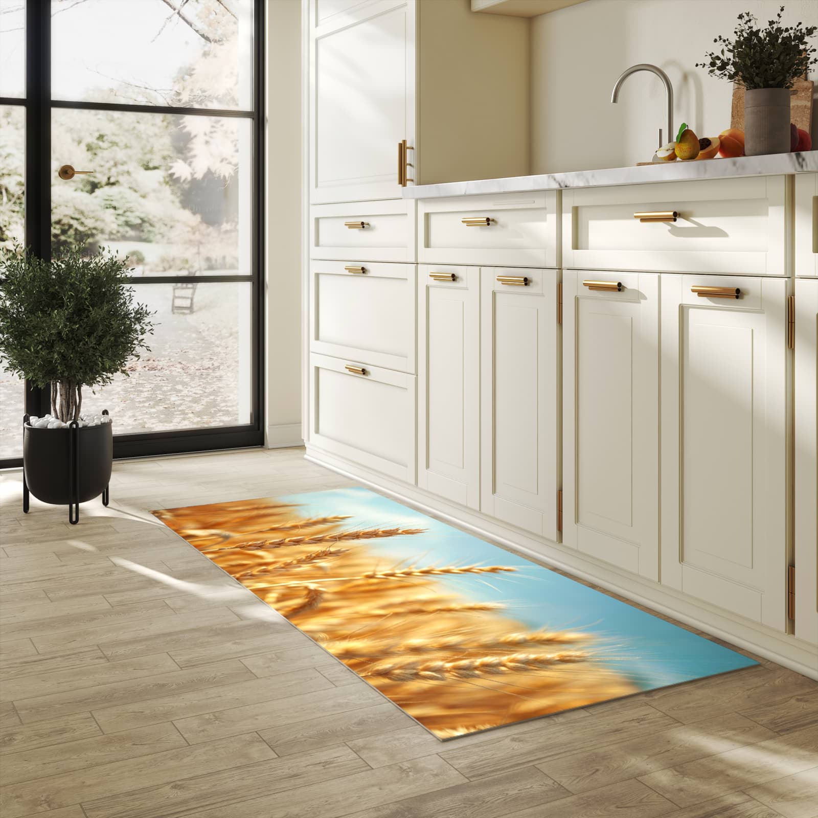 Farbbeständiger Küchenteppich mit Motiv Sanfte Weizenfeld in heller Küche