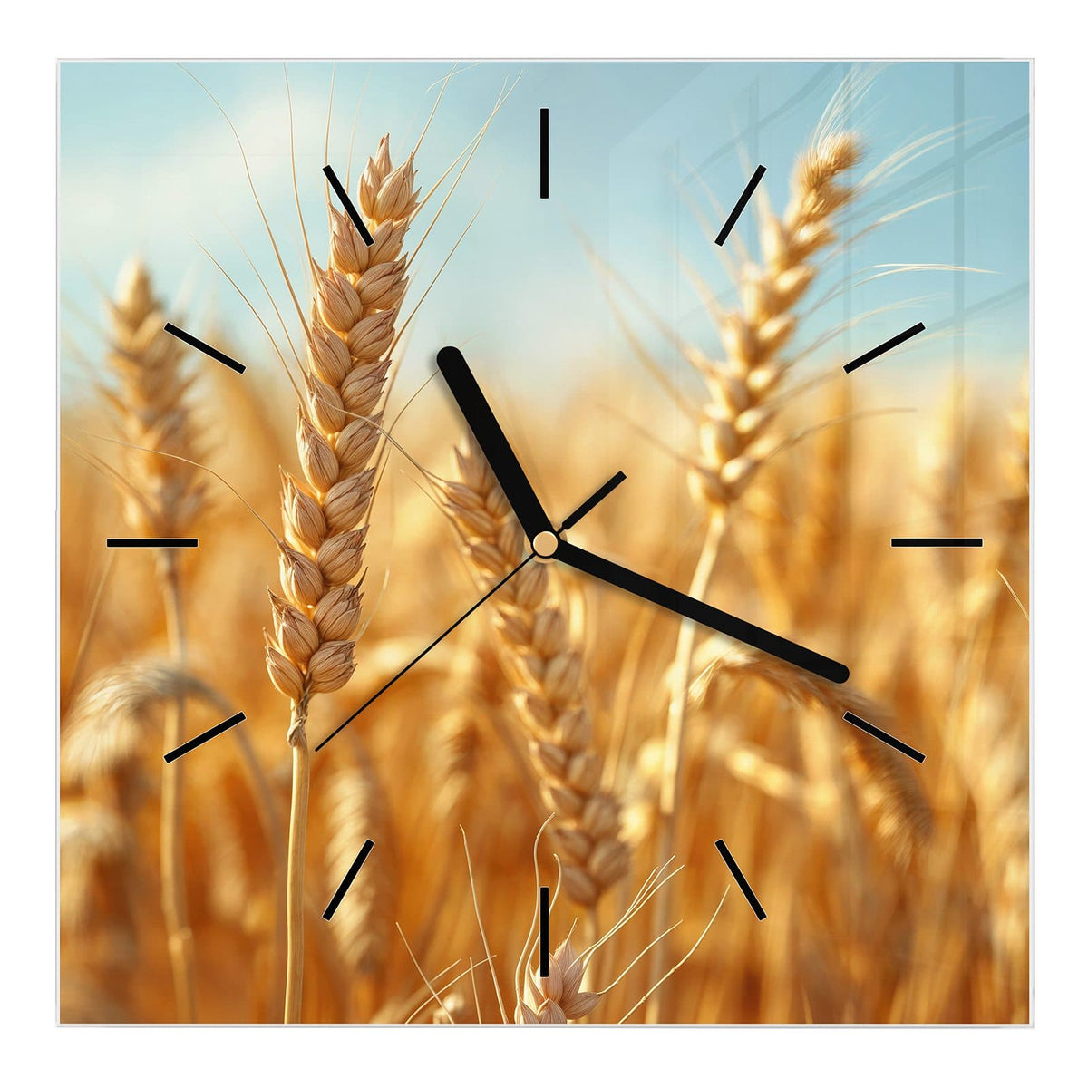 Wanduhr aus Glas, Ziffernblatt Linie mit Motiv Weizen im Sonnenlicht: Goldene Weizenähren in Nahaufnahme vor hellblauem, fast wolkenlosem Himmel
