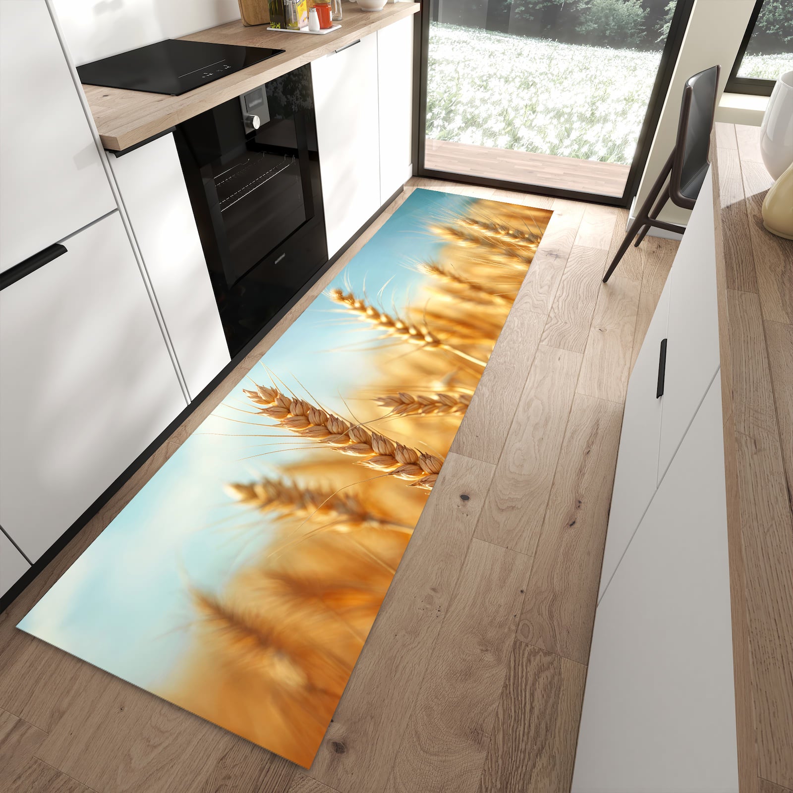 Flacher Küchenteppich mit Motiv Sanfte Weizenfeld in moderner Küche