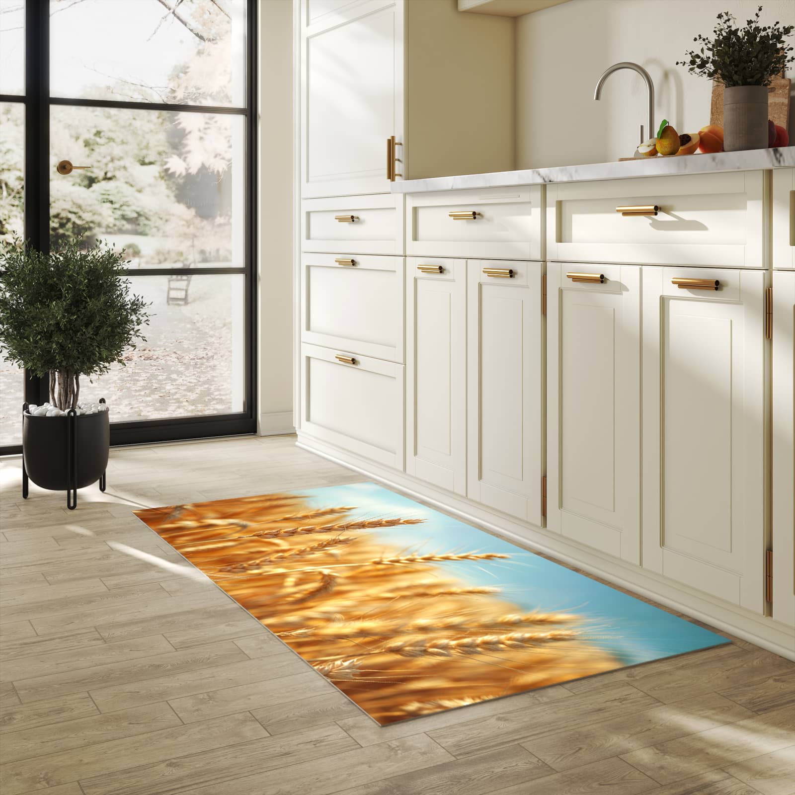 Geräuschdämpfender waschbarer Küchenteppich mit Motiv Sanfte Weizenfeld in heller Küche