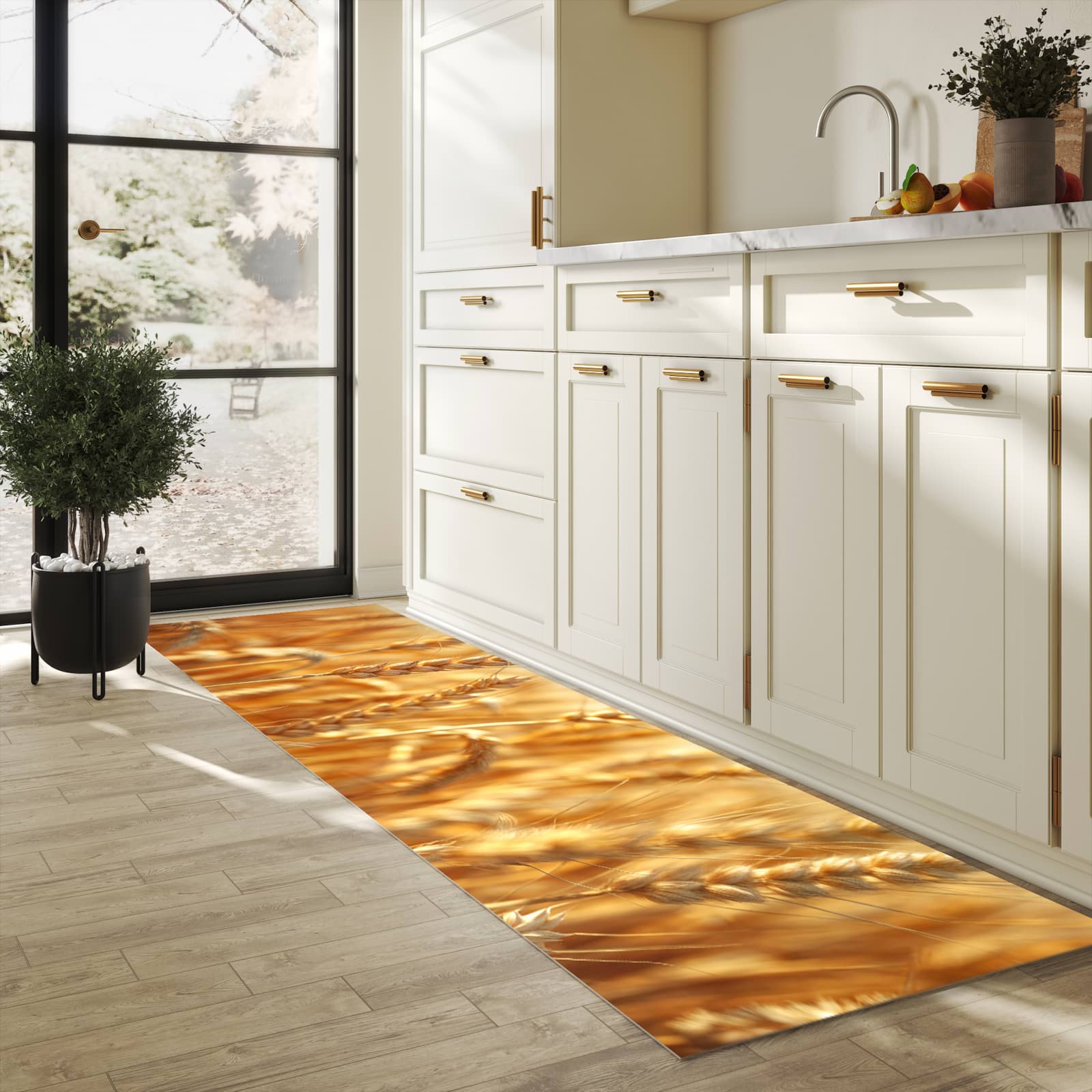 Zeitsparender Küchenteppich mit Motiv Sanfte Weizenfeld in heller Küche - leicht waschbar