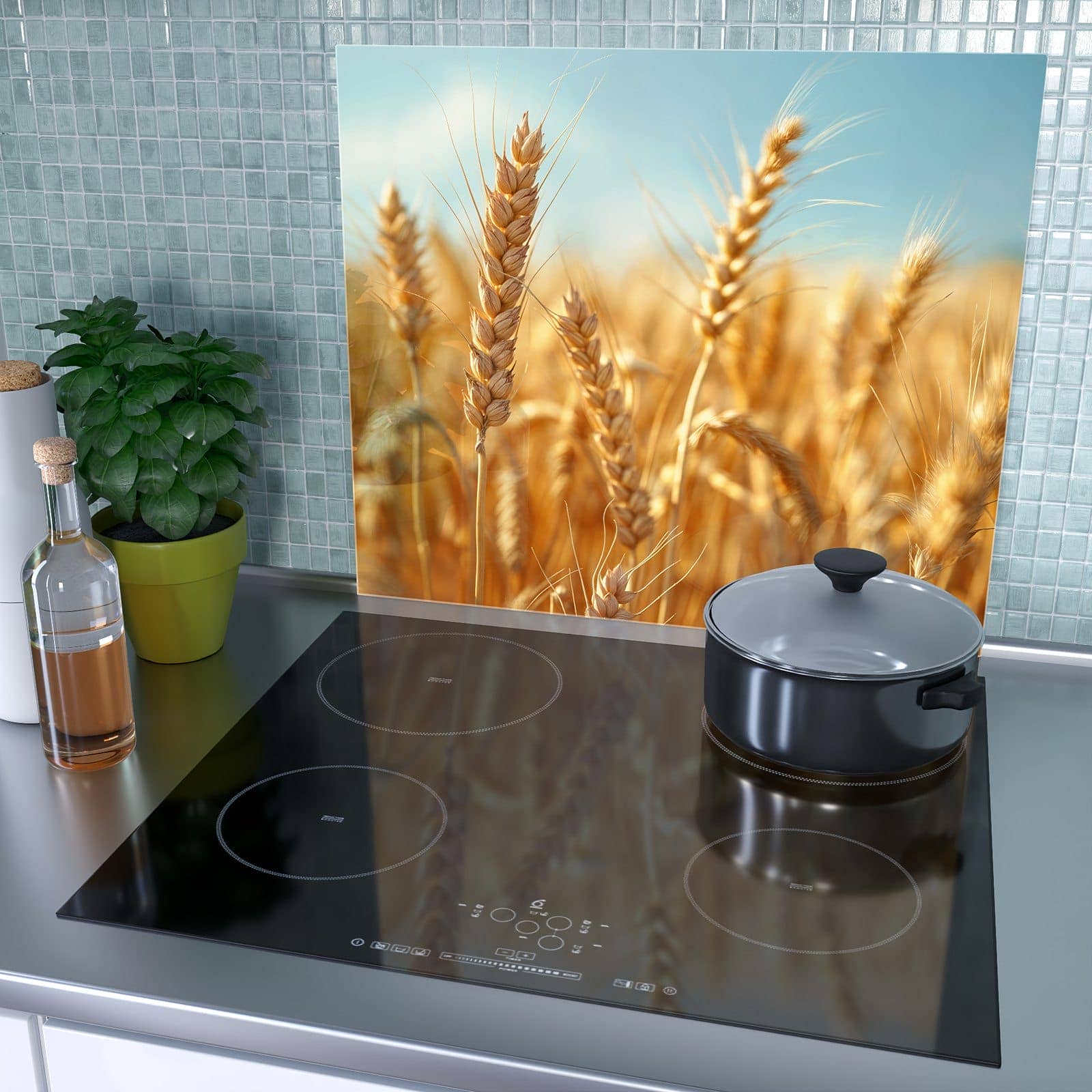 1-teilige Herdabdeckplatten mit Sanfte Weizenfeld-Motiv als Spritzschutz hinter dem Kochfeld