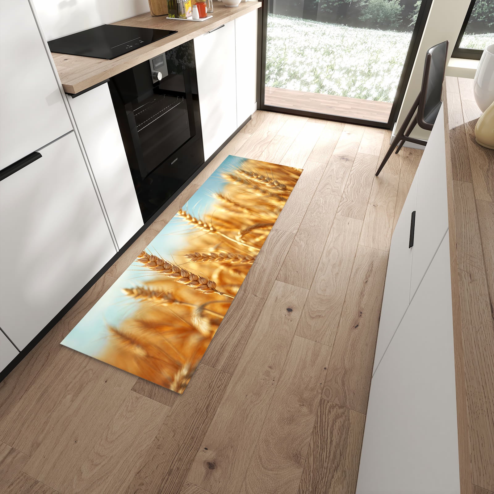 UV-beständiger Küchenläufer mit Motiv Sanfte Weizenfeld in moderner Küche