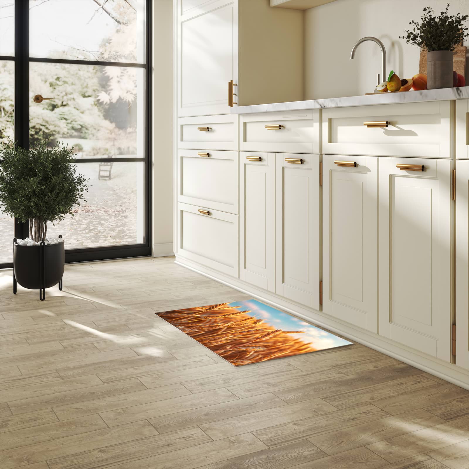 Pflegeleichter waschbarer Küchenläufer mit Motiv Weizenfeld Sonnenuntergang in heller Küche
