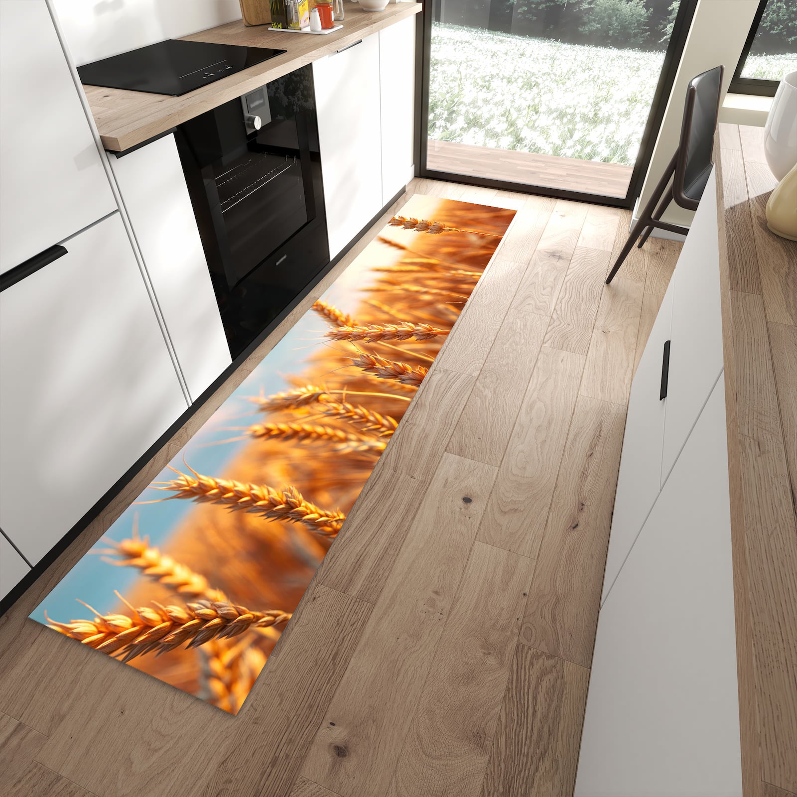 Rutschfester großer Küchenteppich mit Motiv Weizenfeld Sonnenuntergang in moderner Küche