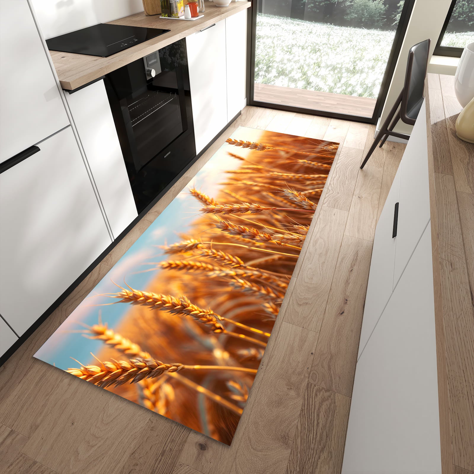 Zeitsparender rutschfester Küchenläufer mit Motiv Weizenfeld Sonnenuntergang in moderner Küche