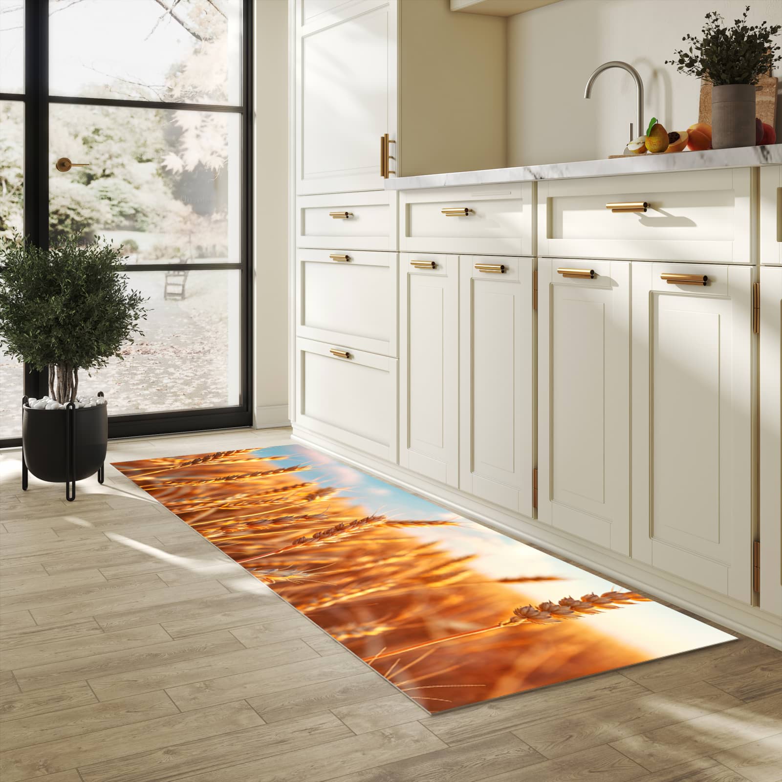 Rutschfester Läufer mit Motiv Weizenfeld Sonnenuntergang für Eingangsbereich in heller Küche