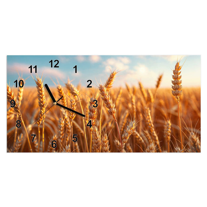 Wanduhr Weizenfeld Sonnenuntergang aus Glas – Querformat 60 × 30 cm mit Ziffernblatt Modern