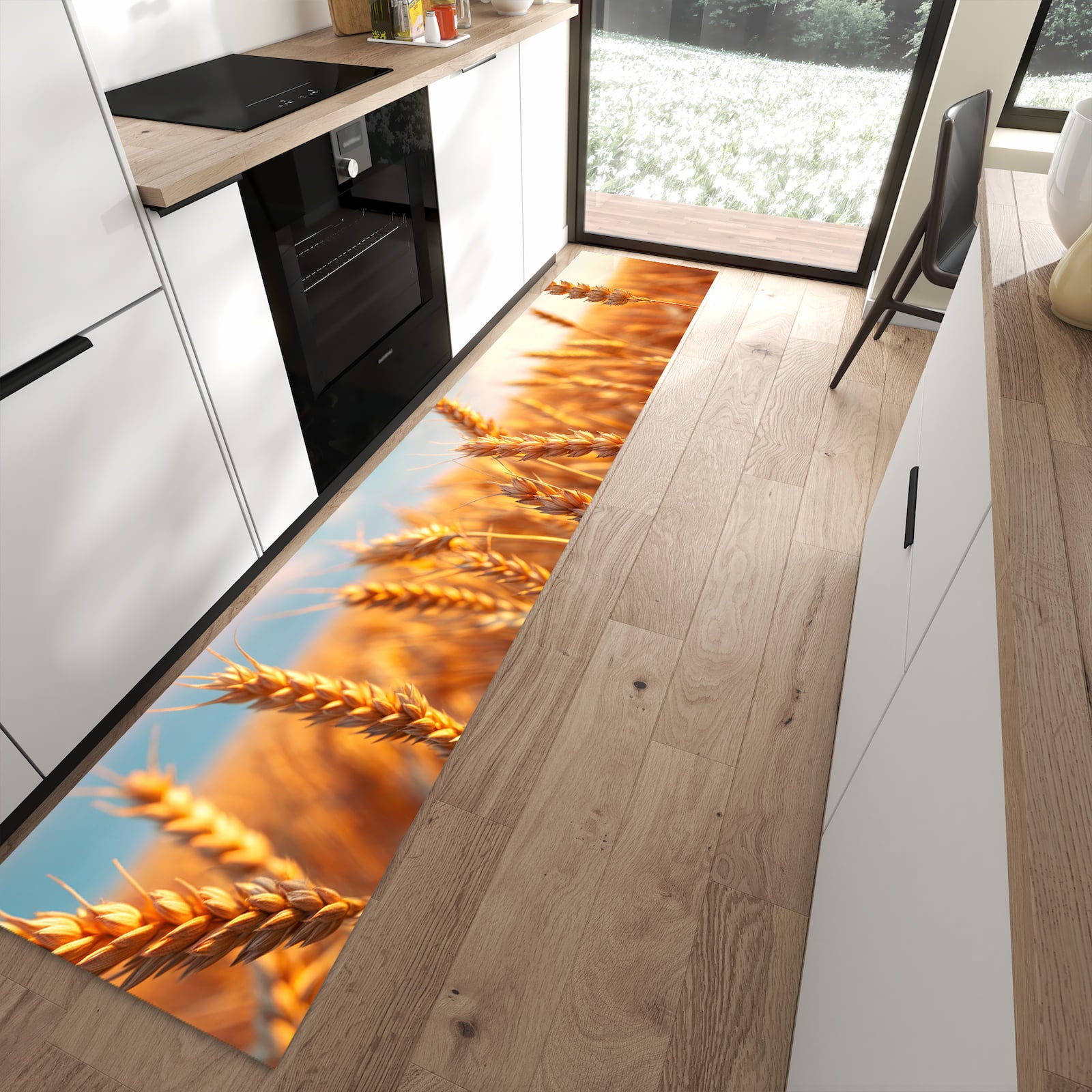 Feuchtigkeitsresistenter Küchenteppich mit Motiv Weizenfeld Sonnenuntergang in moderner Küche