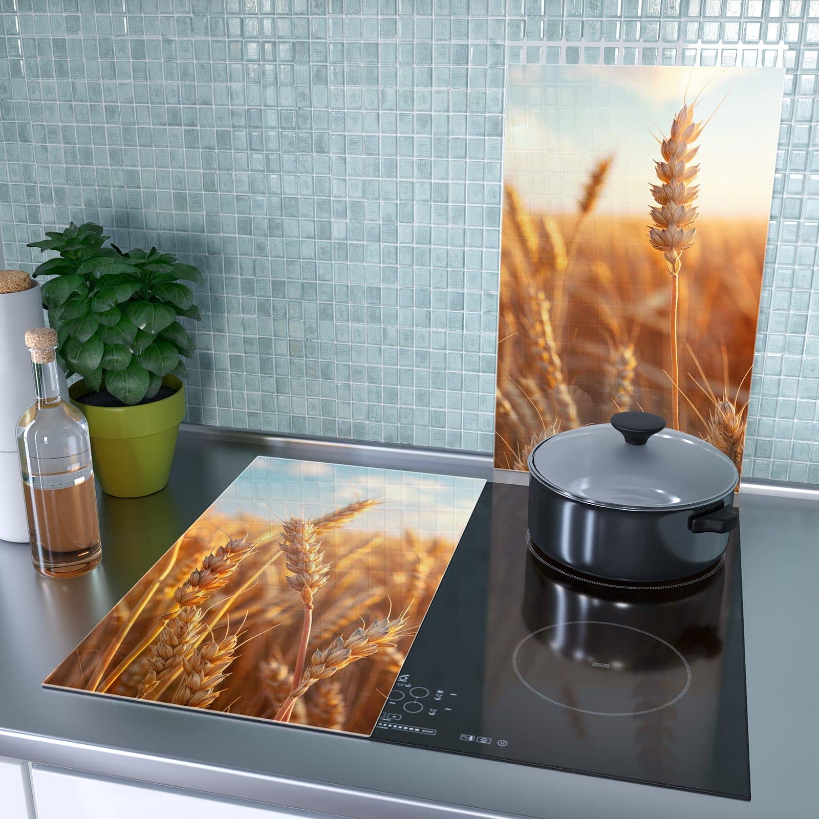 2-teilige Herd Schutzplatte mit Weizenfeld Sonnenuntergang-Motiv als Spritzschutz hinter dem Kochfeld