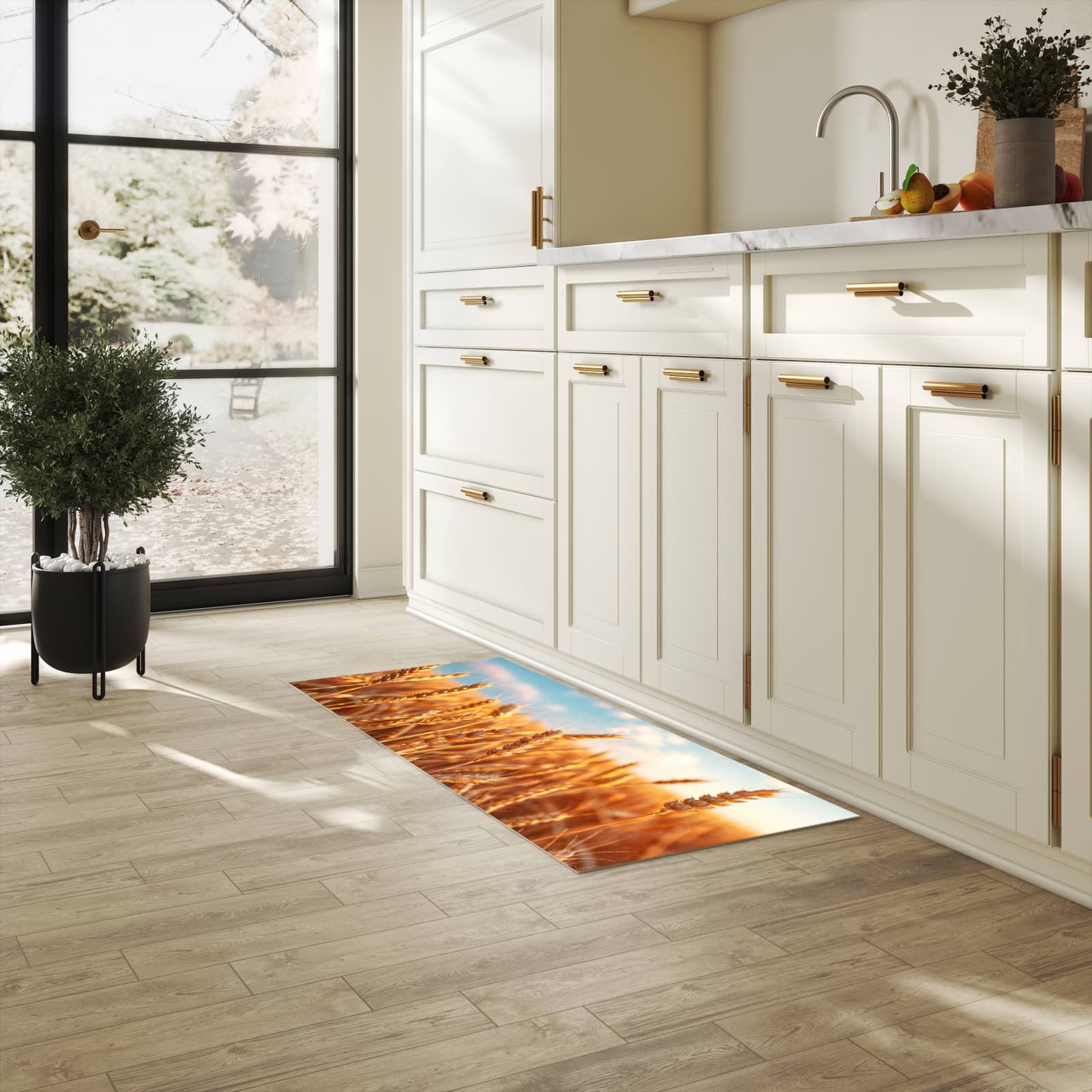 Fleckenresistenter waschbarer Teppich Küche mit Motiv Weizenfeld Sonnenuntergang in heller Küche